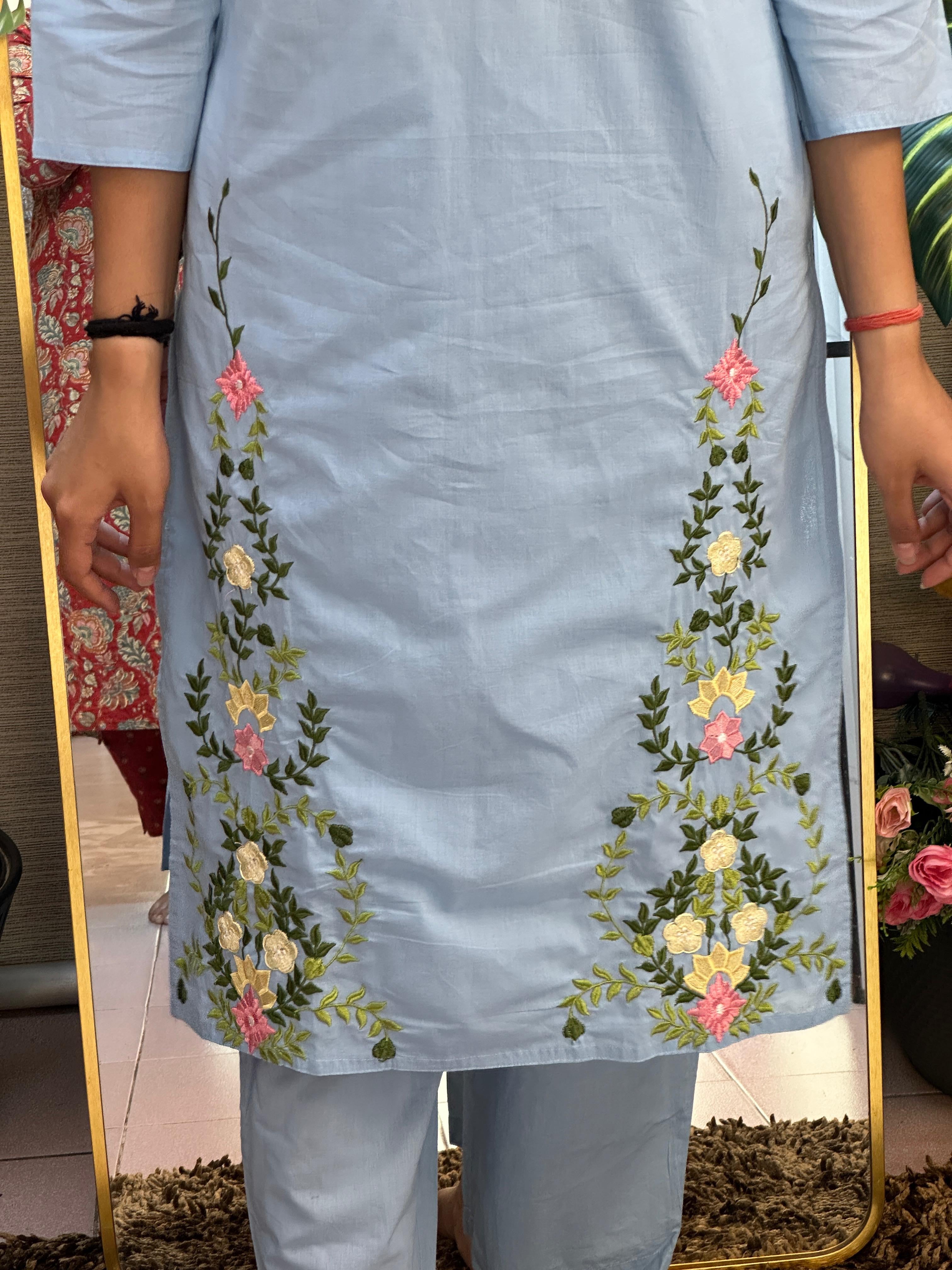 Powder Blue Floral Embroidered Kurti Set