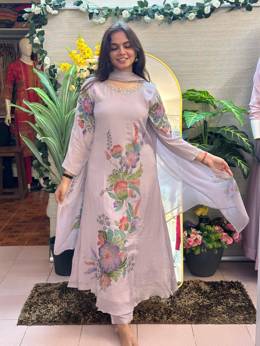 Lilac Floral Printed Kurti Set with Dupatta