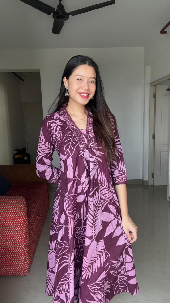 Elegant leaf print A-line Kurti
