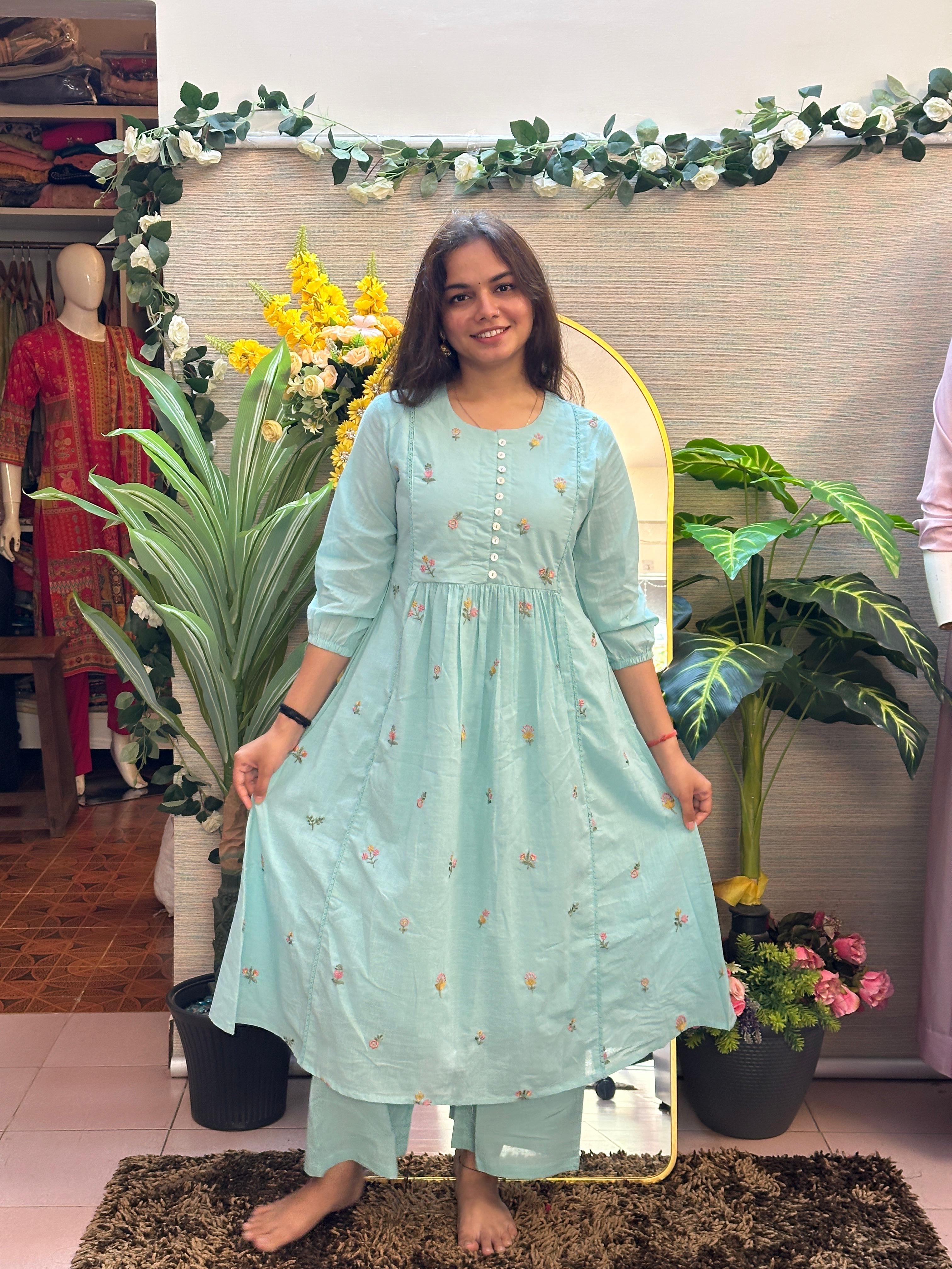 Sky blue Floral Embroidered A-Line Kurti Set
