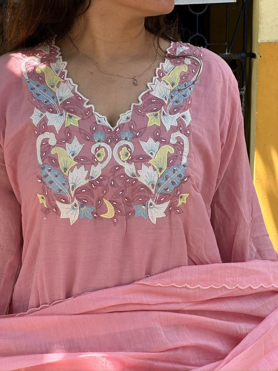 Rose Pink Embroidered Kurti Set with Dupatta