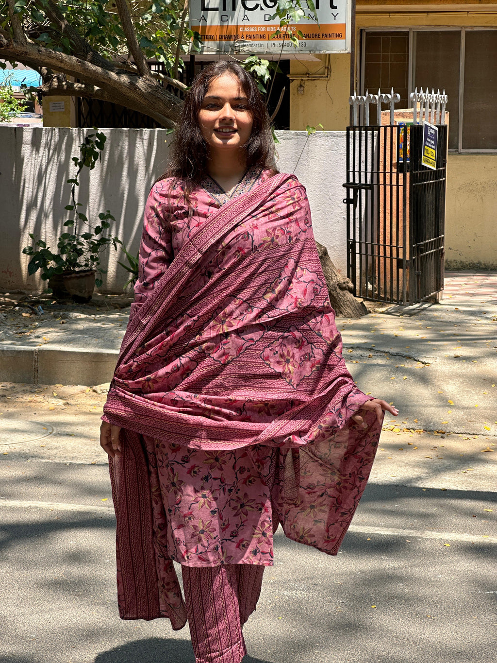 Rose Pink Floral Printed Straight Kurti Set with Dupatta