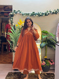 Rust Orange Gathered Kurti Set with Mirror Detailing & Dupatta