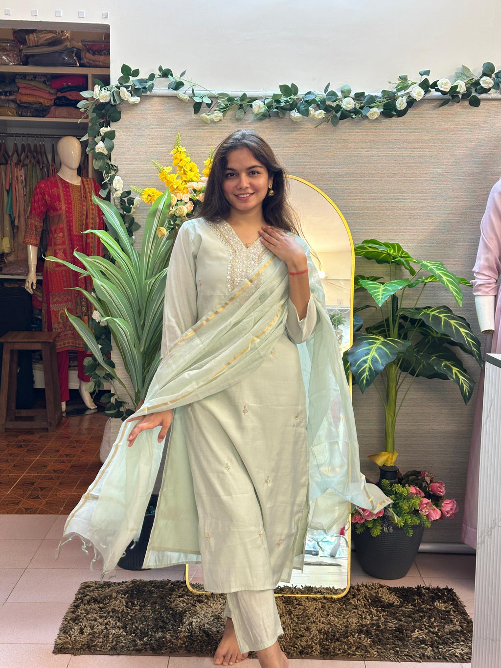 Mint Green Embroidered Straight Kurti Set with Dupatta
