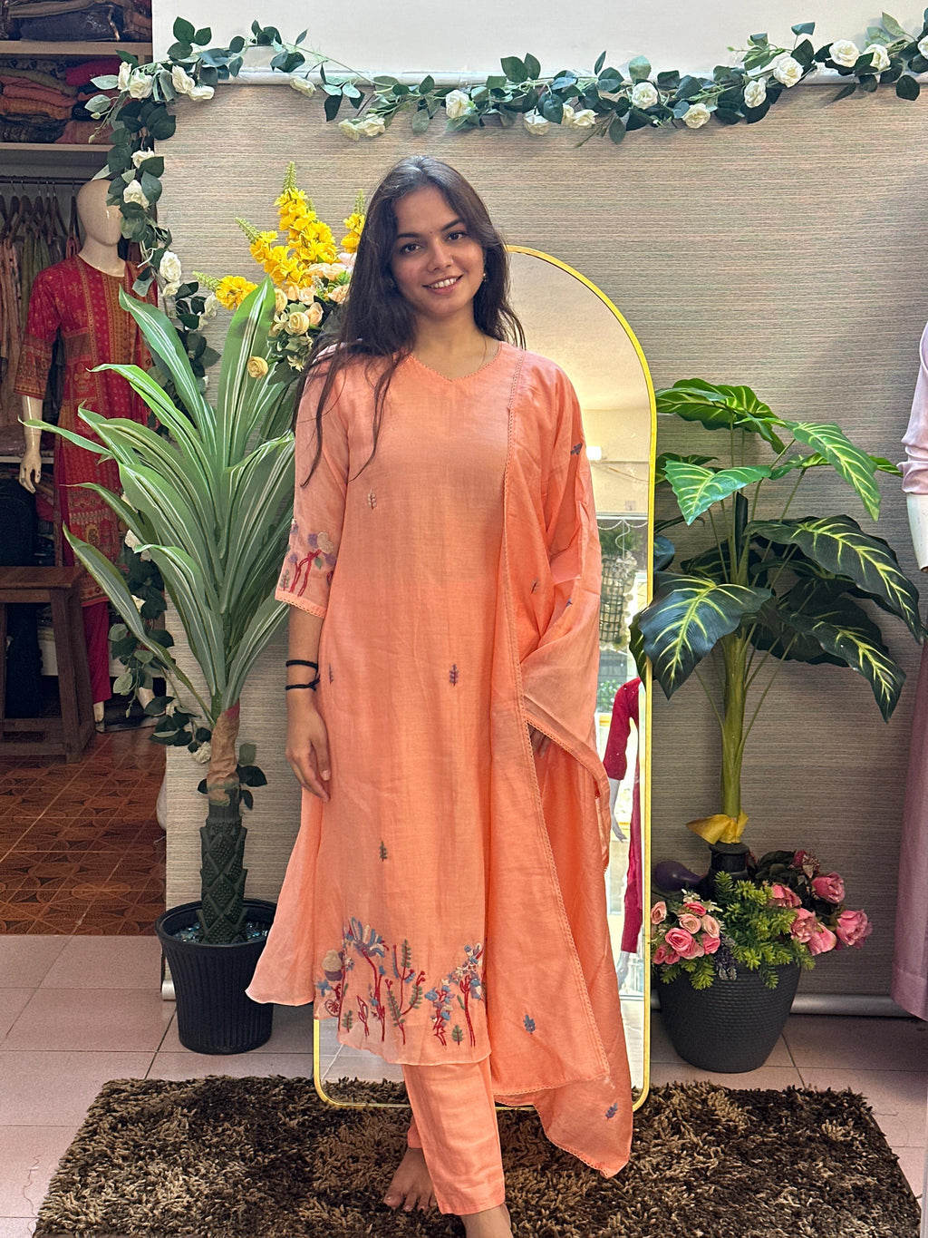 Peach Embroidered Straight Kurti Set with Dupatta