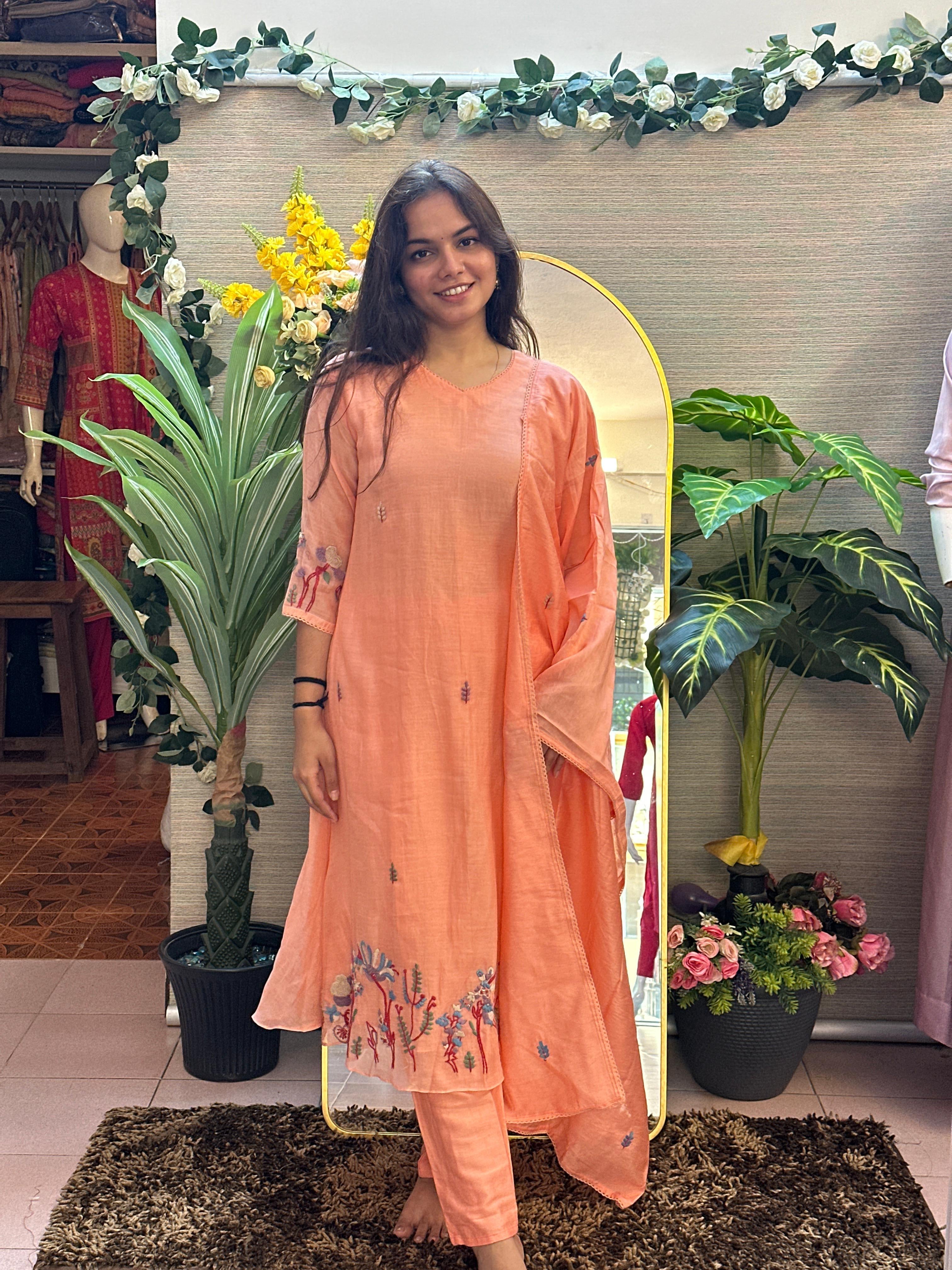 Peach Embroidered Straight Kurti Set with Dupatta