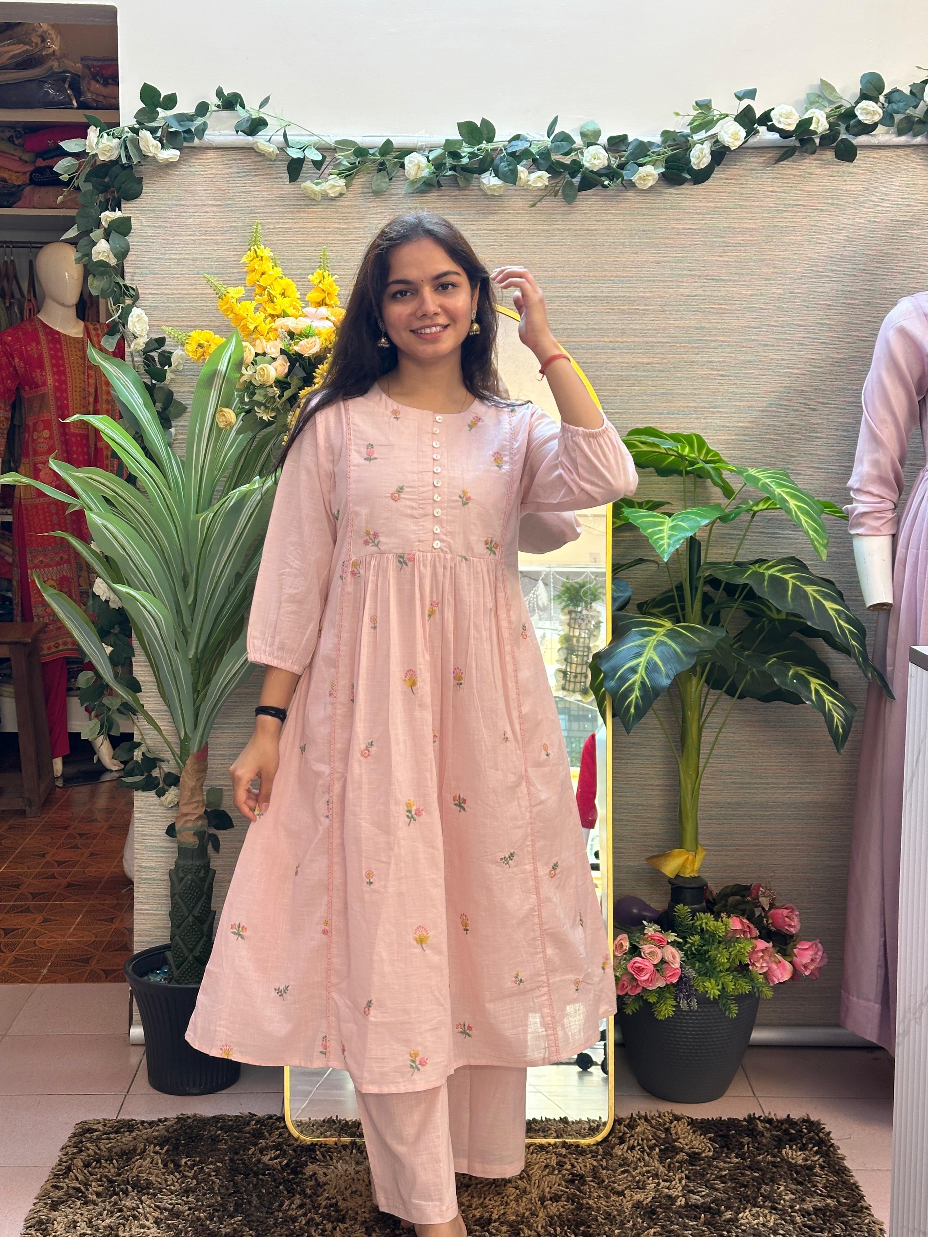 Blush Pink Floral Embroidered A-Line Kurti Set