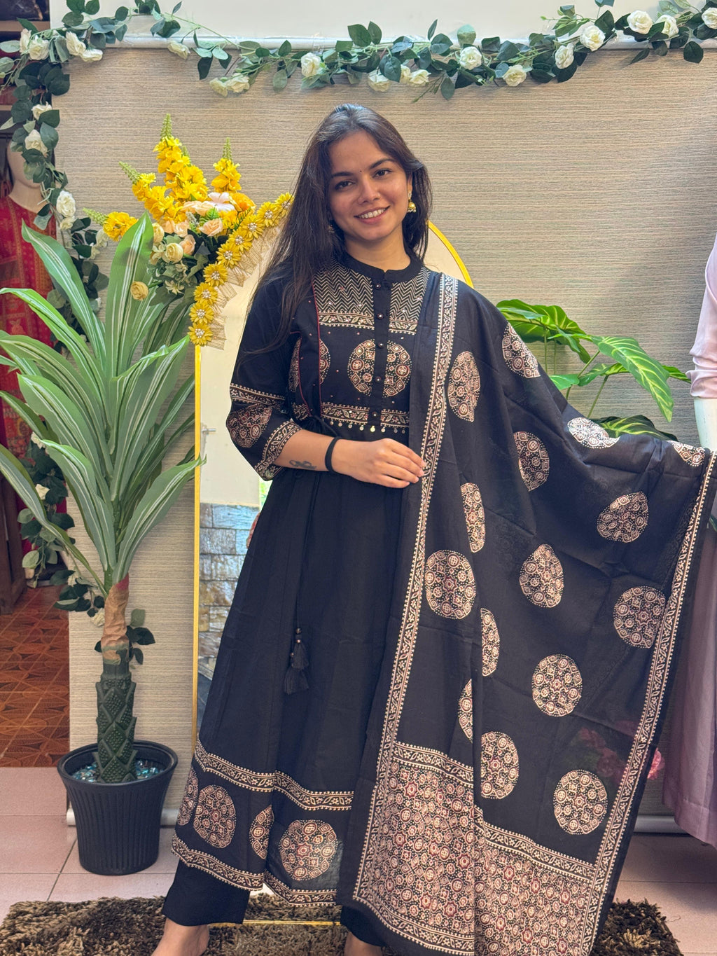 Black Anarkali Kurti Set with Ethnic Circular Prints & Statement Dupatt