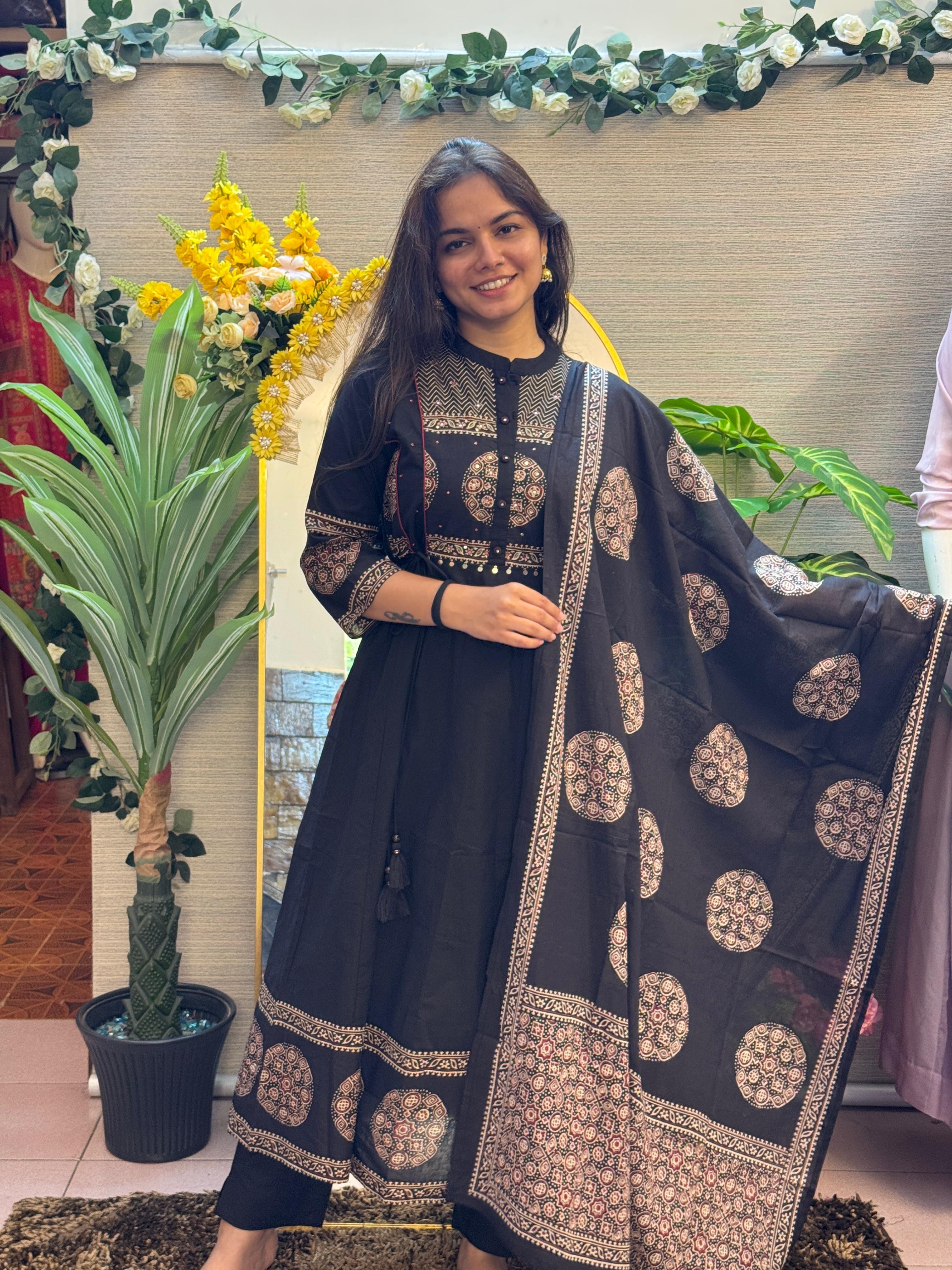Black Anarkali Kurti Set with Ethnic Circular Prints & Statement Dupatt