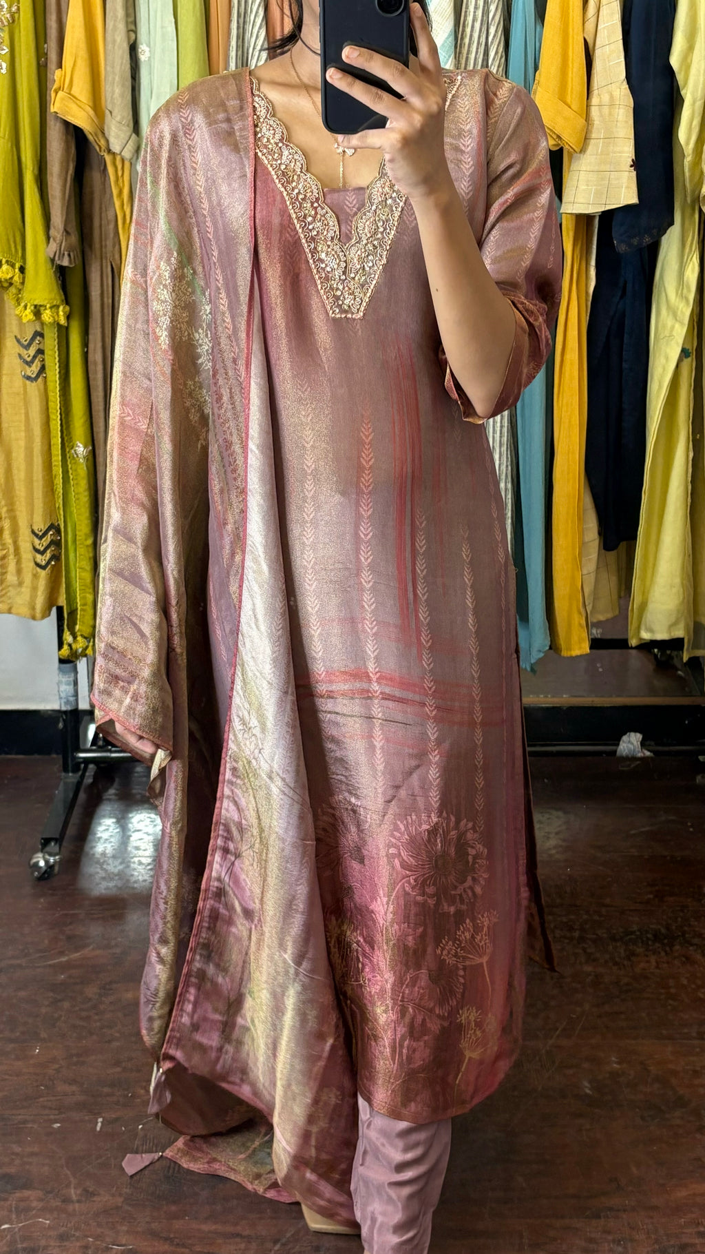 Golden Glow Maroon Tissue Silk Suit