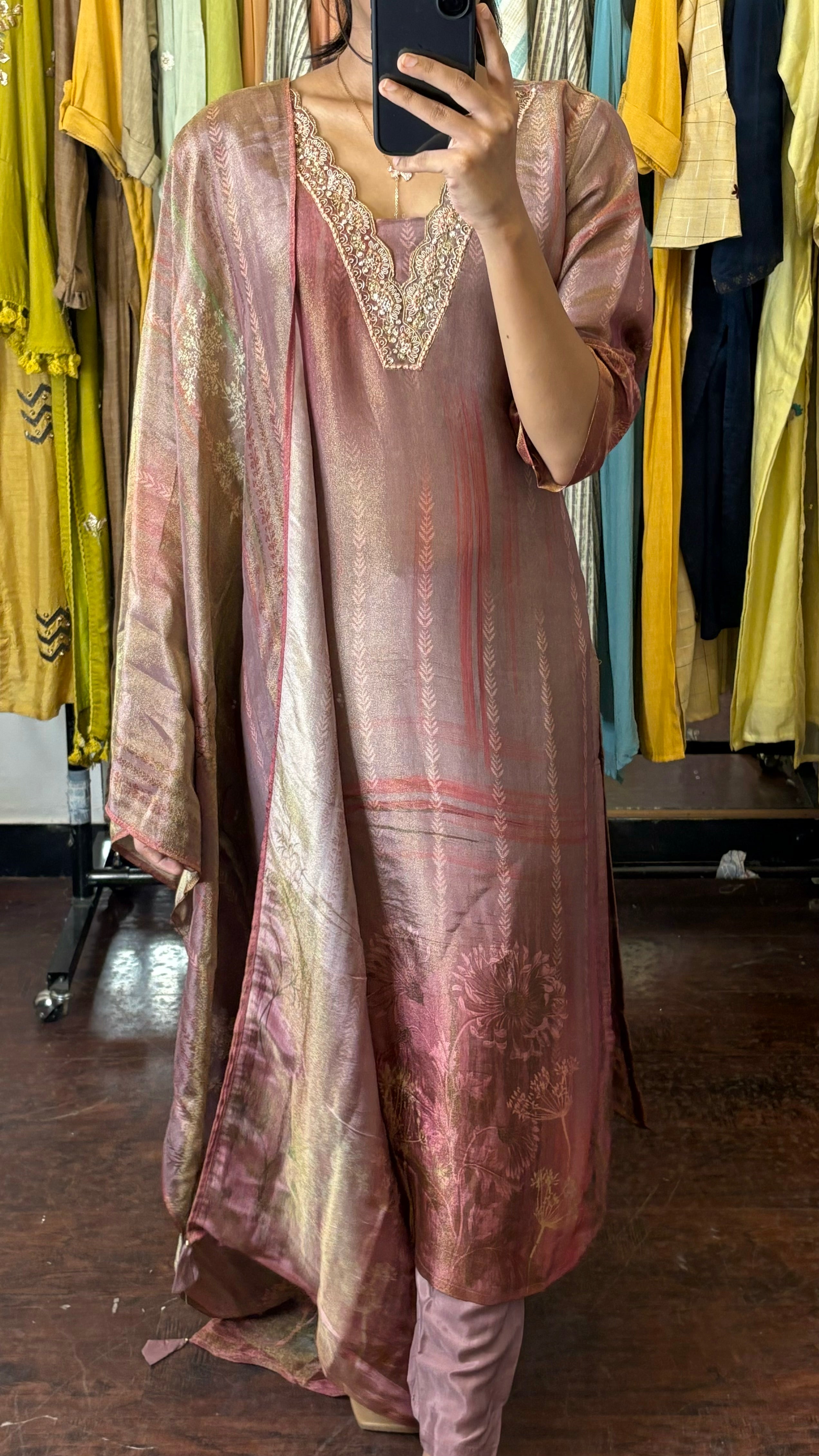 Golden Glow Maroon Tissue Silk Suit