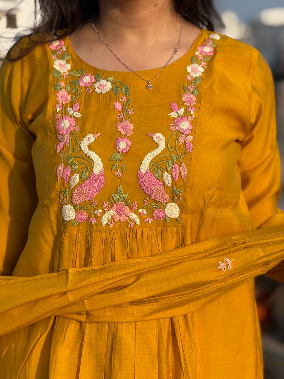Mustard Bloom Embroidered Anarkali Set with Dupatta