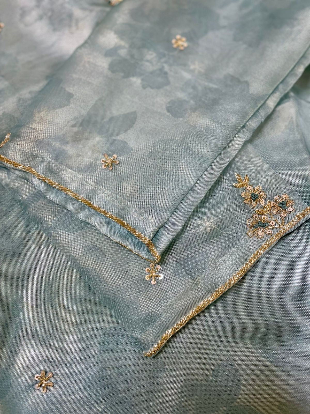 Teal Glass Tissue Silk Hand-Embroidered Suit Set