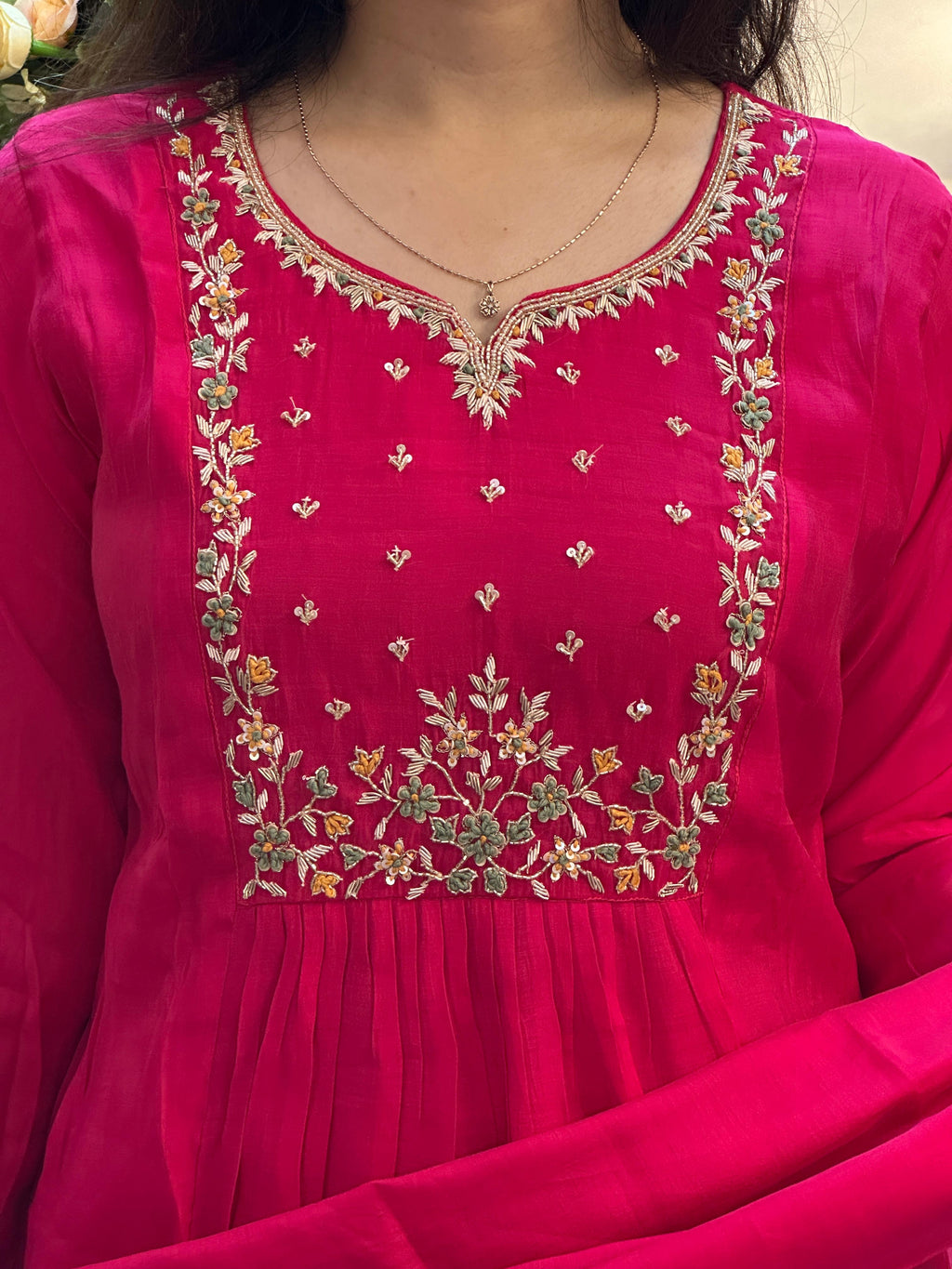 Rani Pink Embroidered Anarkali Kurti Set with Dupatta