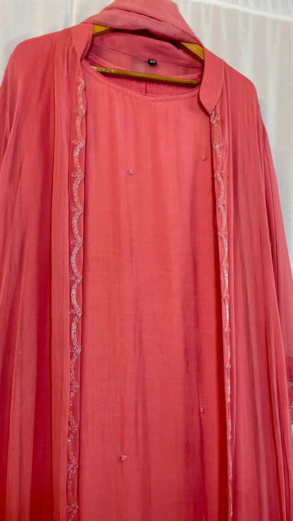 Indo western gown with bead work coat and organza dupatta