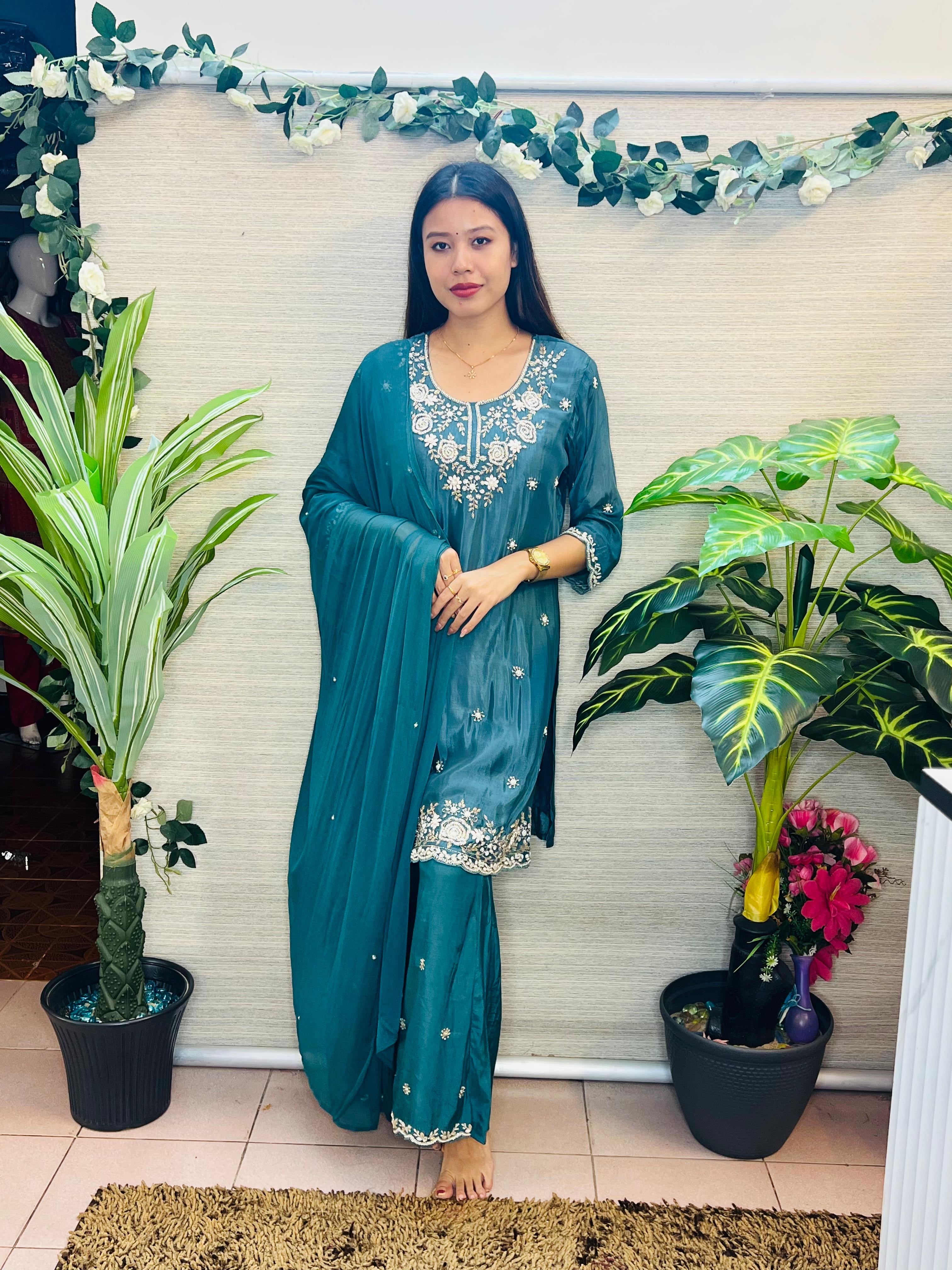 Amara Malligai Teal Embroidered Suit