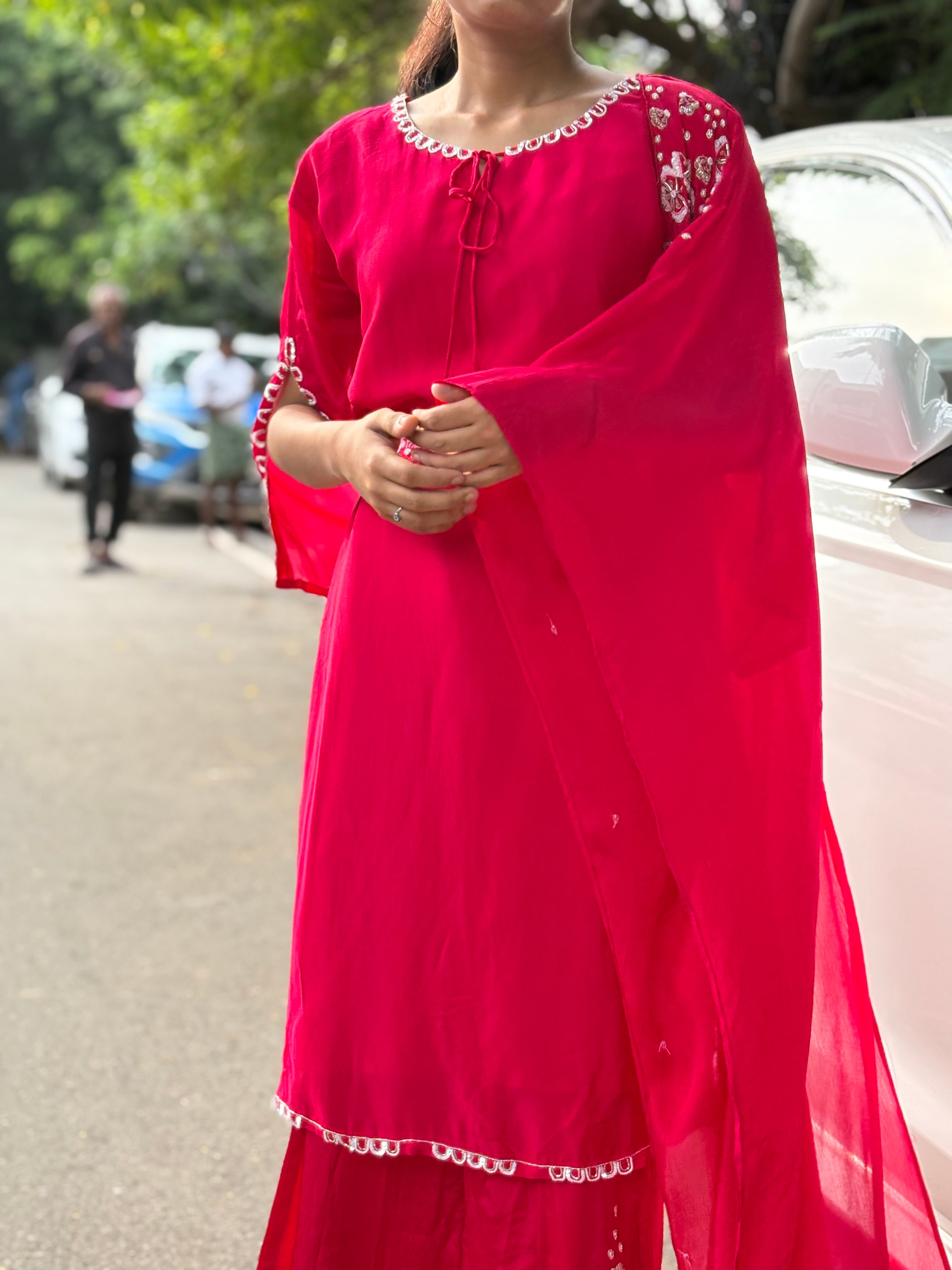 Dark Pink Handcrafted Belted Silk Ensemble