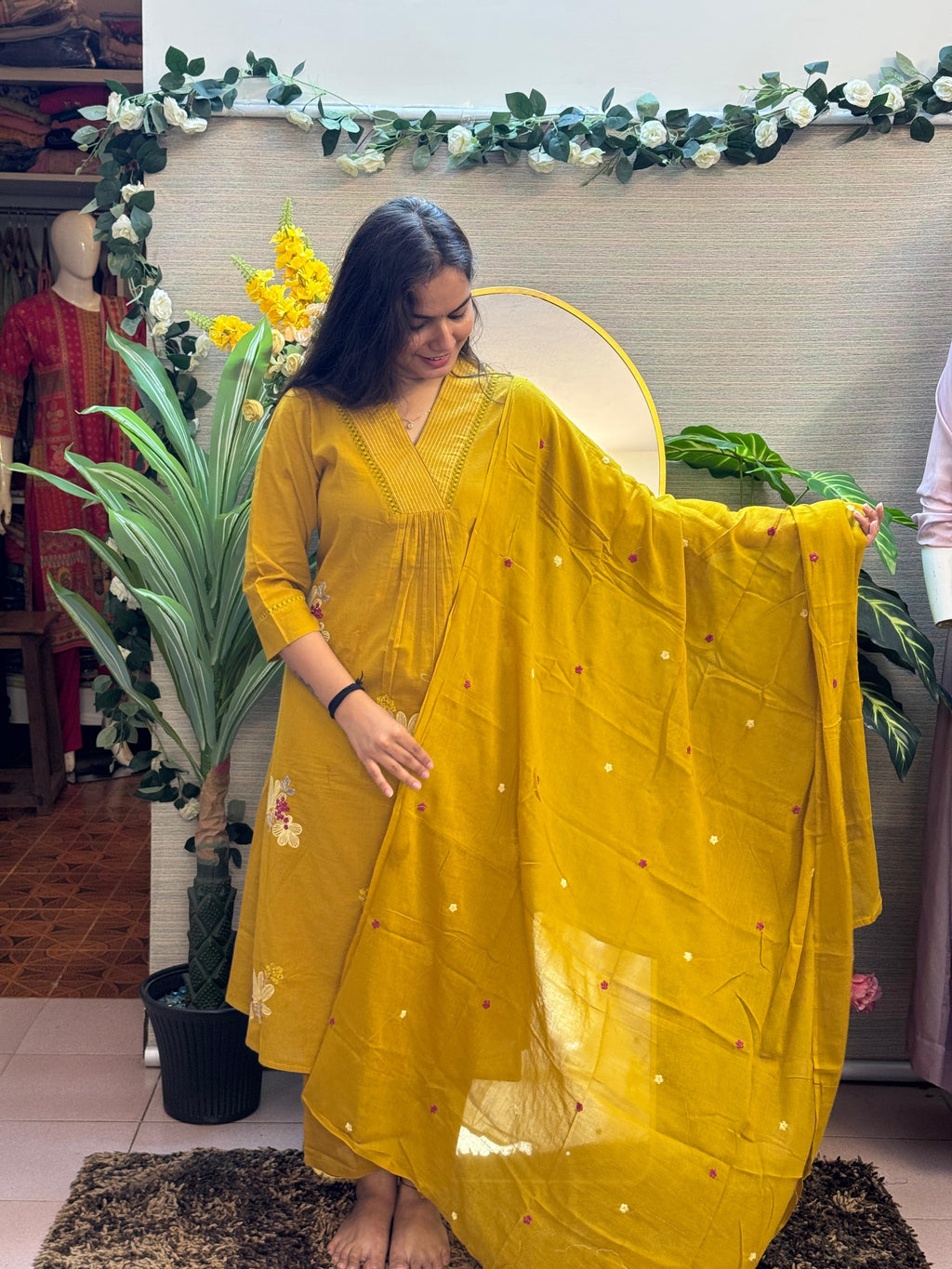 Mustard Yellow Floral Embroidered Kurti Set with Dupatta