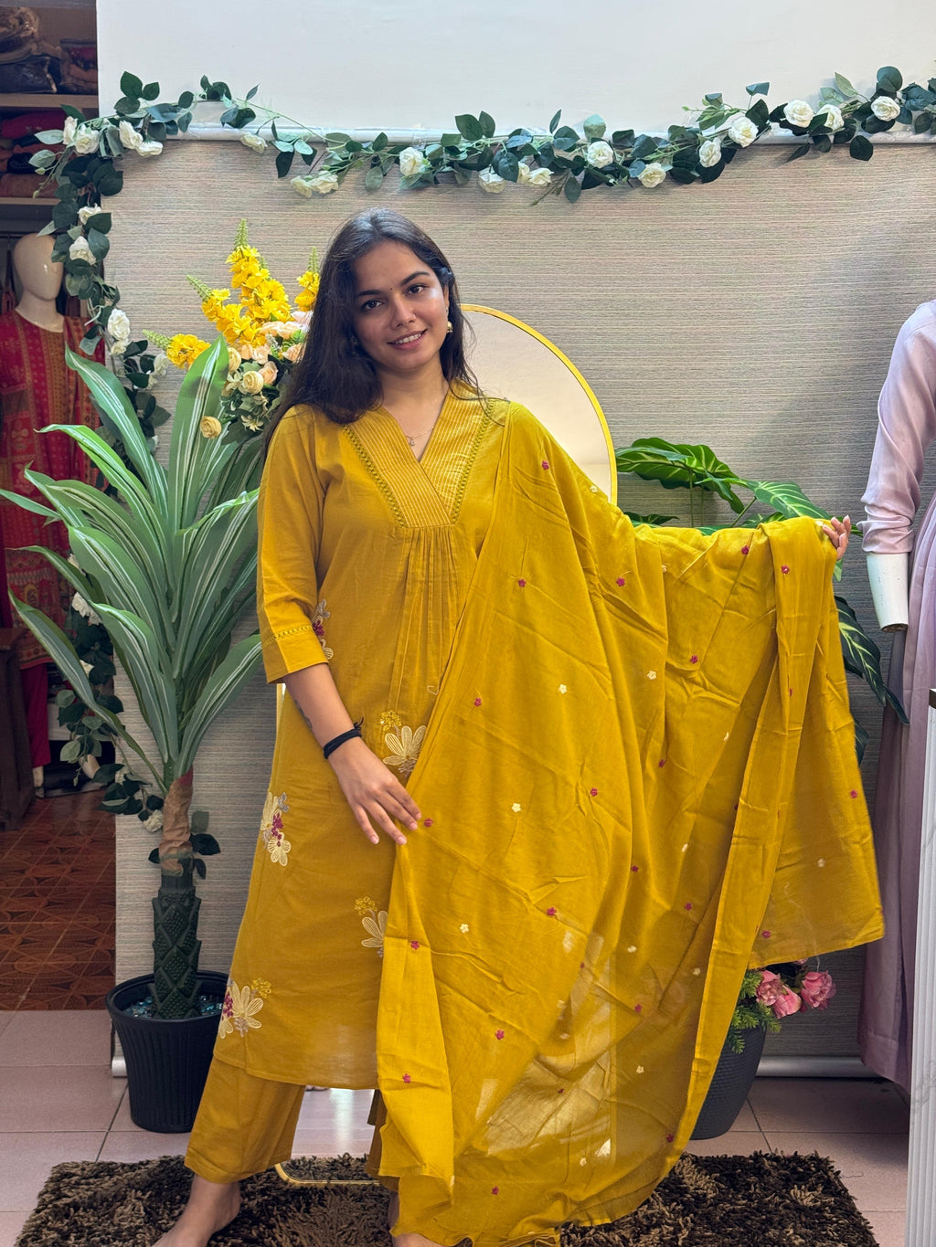 Mustard Yellow Floral Embroidered Kurti Set with Dupatta