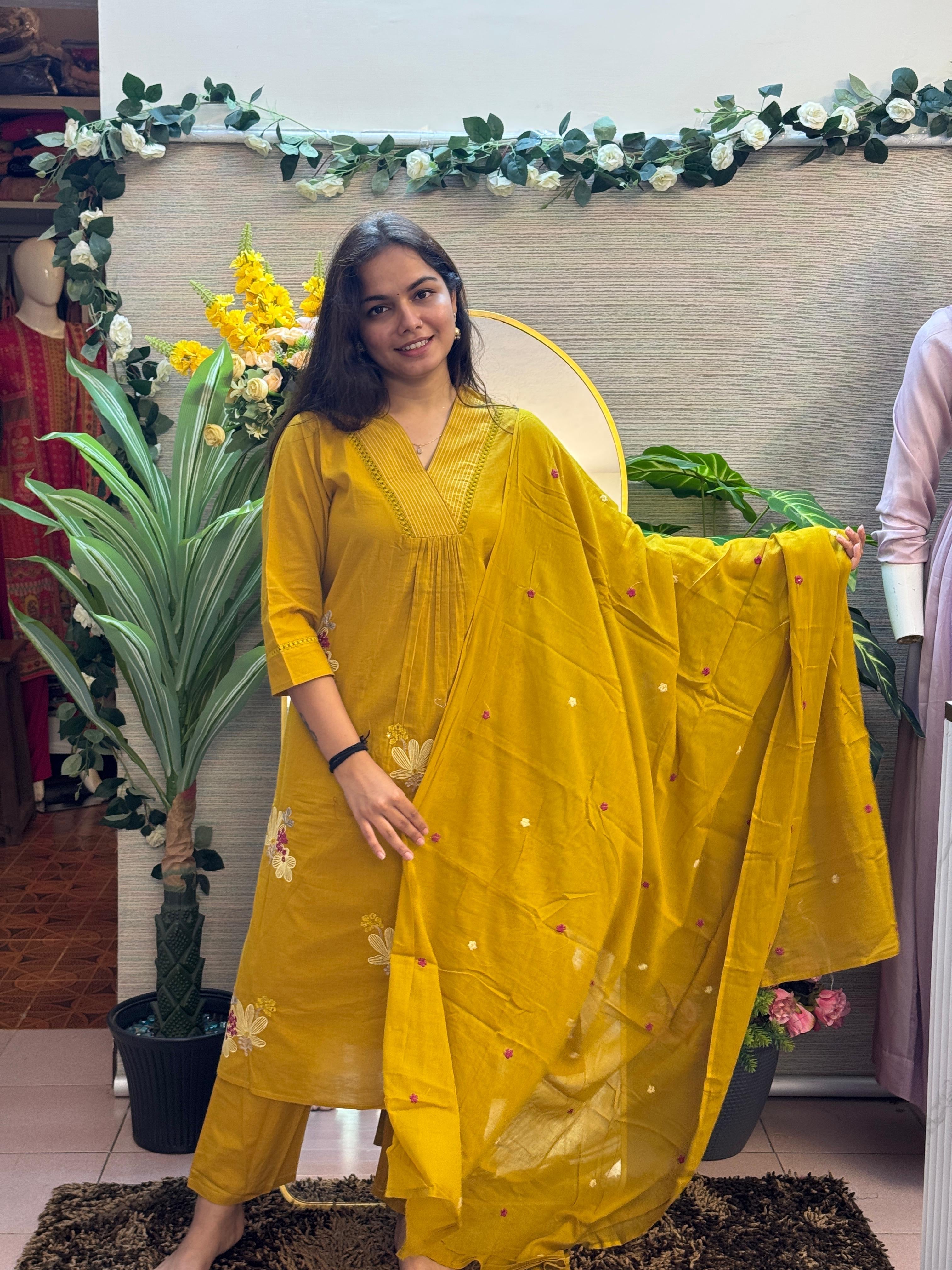 Mustard Yellow Floral Embroidered Kurti Set with Dupatta