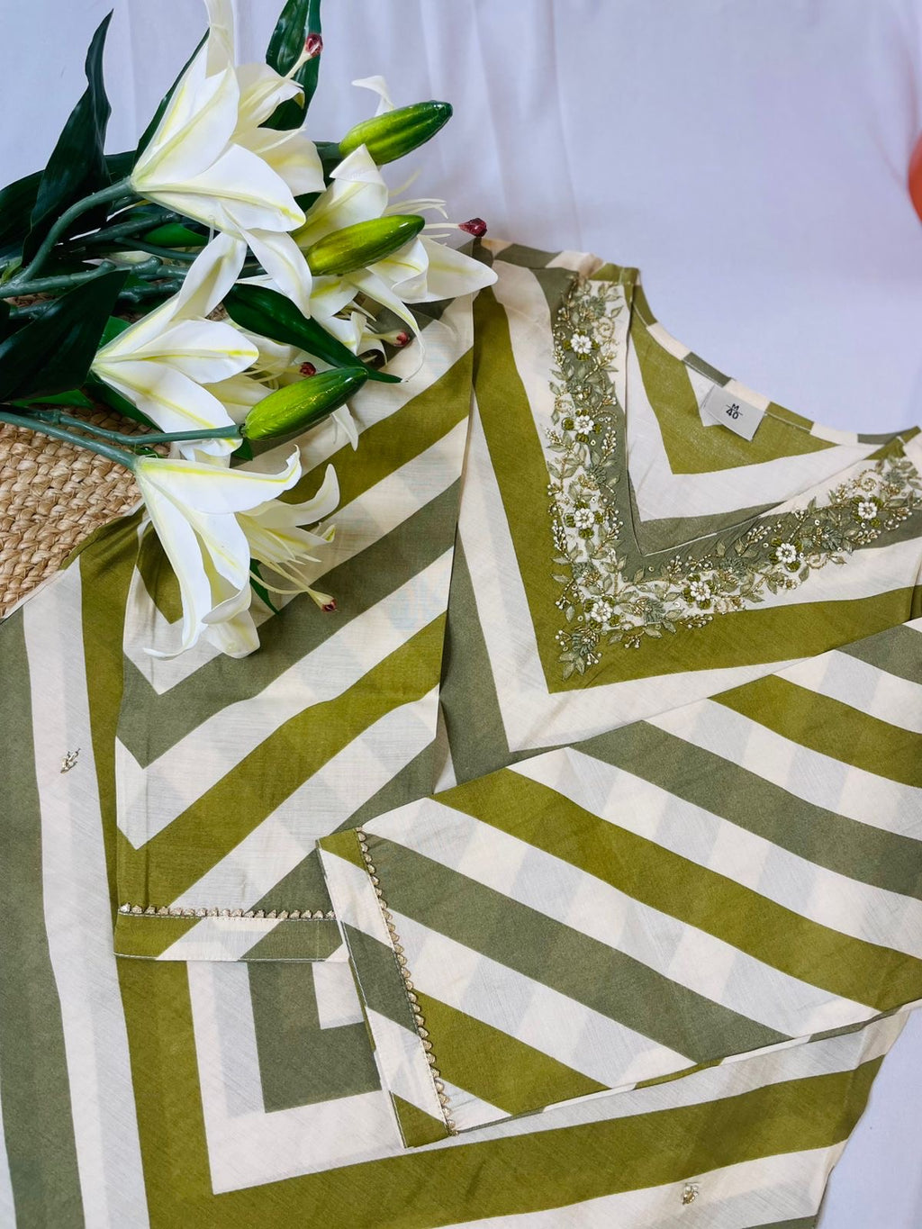 Green Modal silk handwork top and bottom set