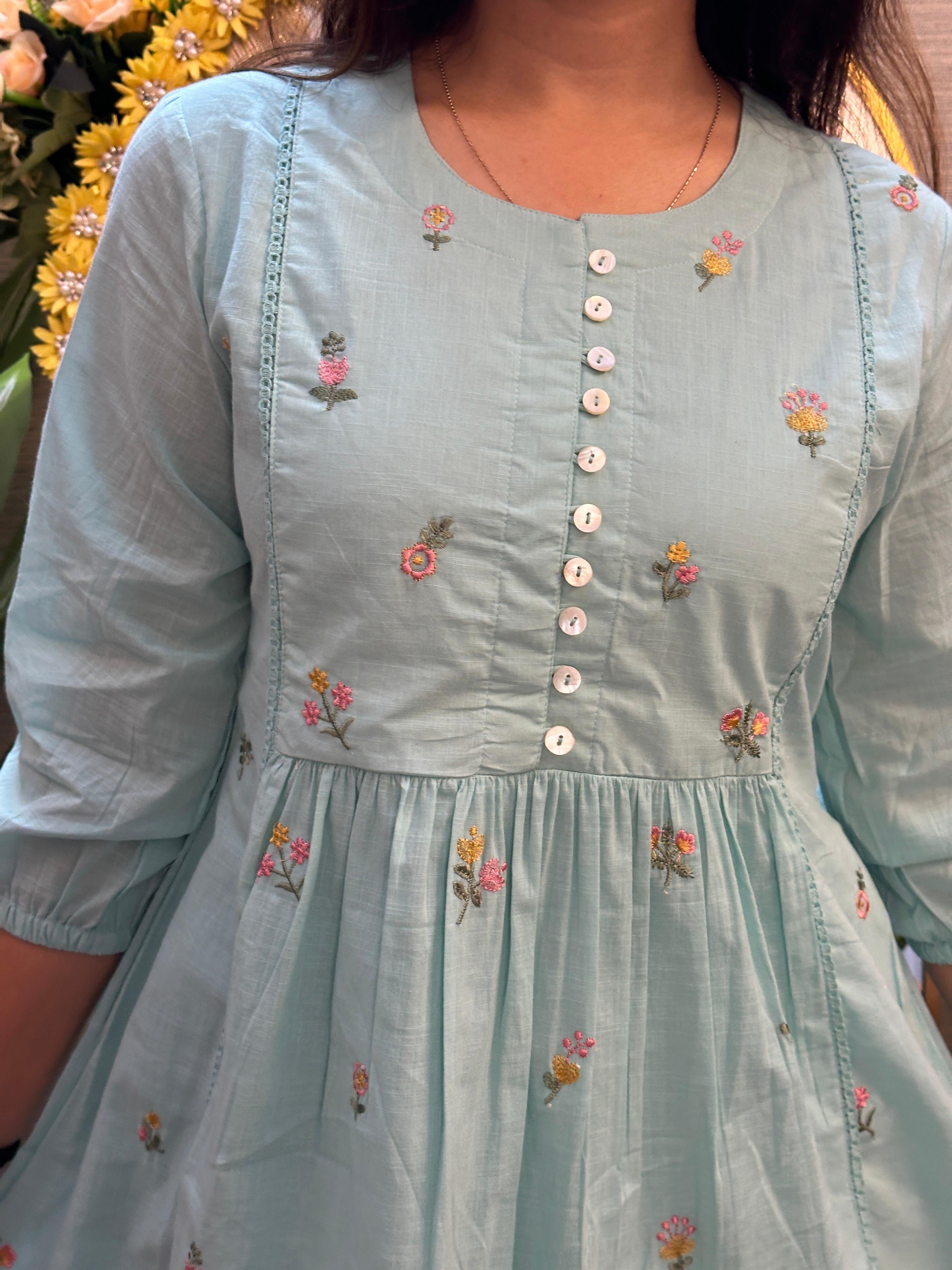 Sky blue Floral Embroidered A-Line Kurti Set