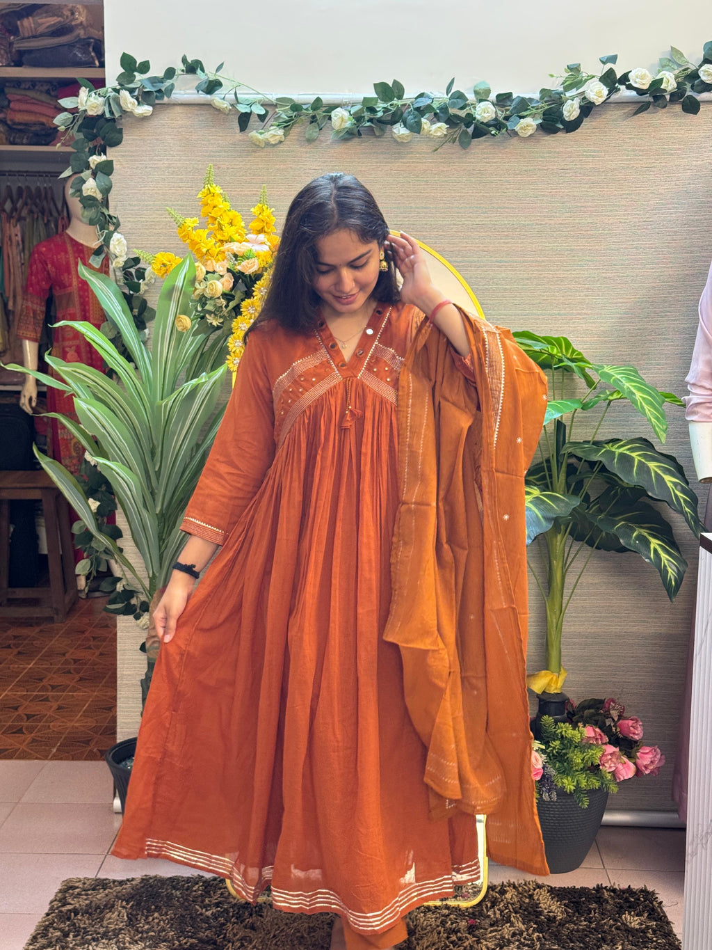 Rust Orange Gathered Kurti Set with Mirror Detailing & Dupatta