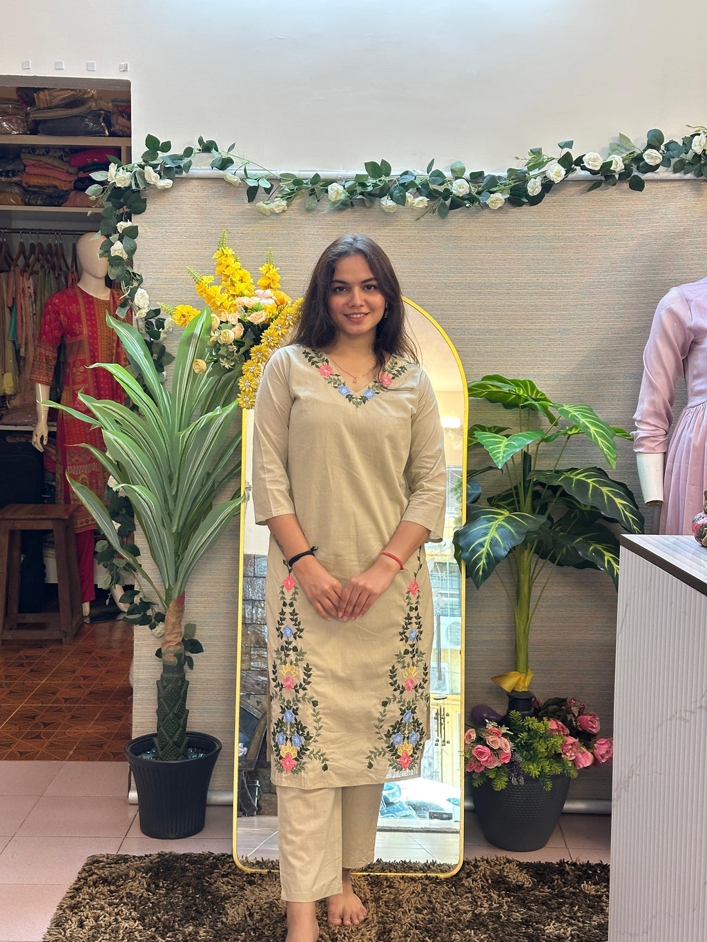 Beige Floral Embroidered Straight Kurti Set