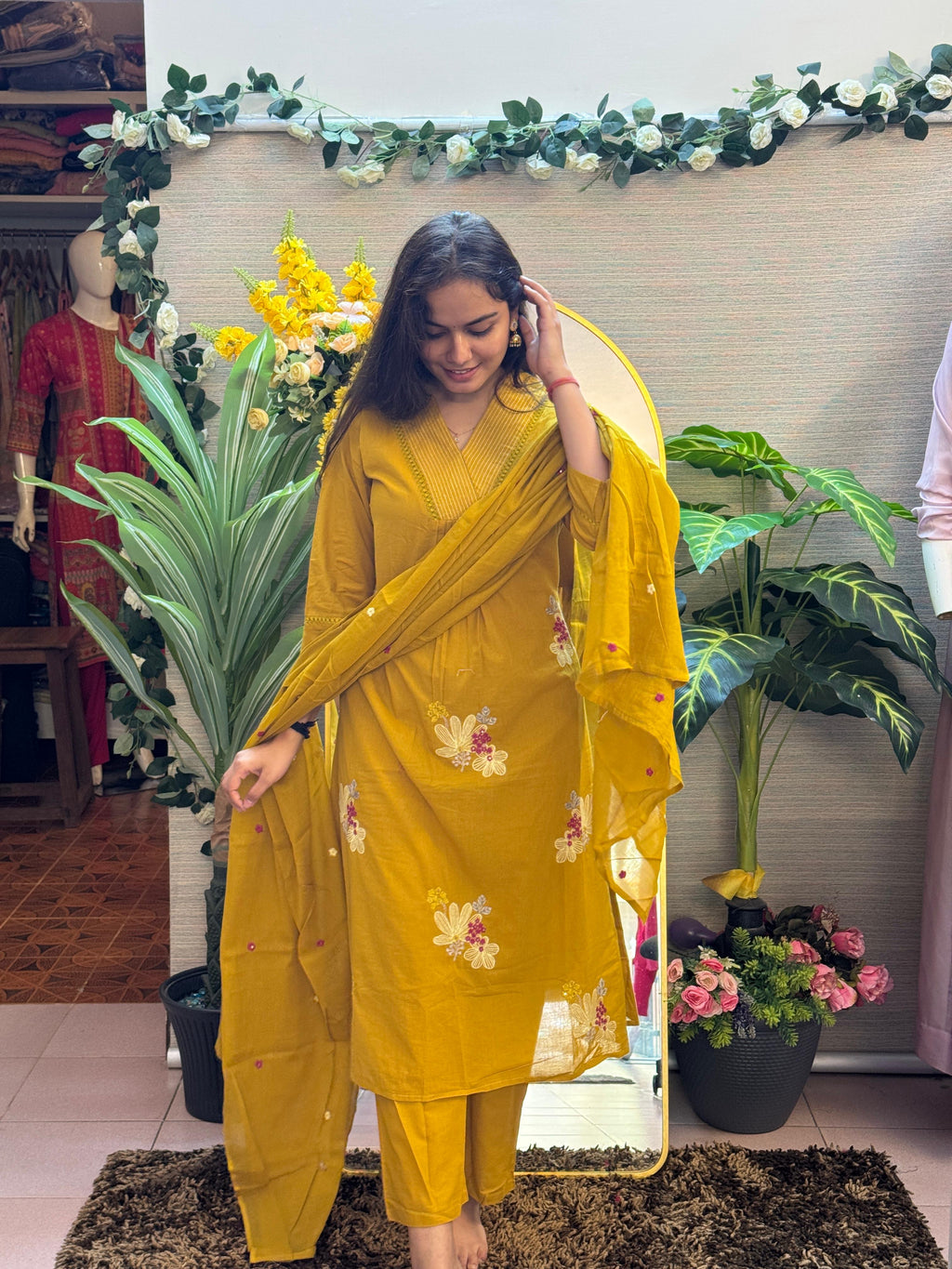 Mustard Yellow Floral Embroidered Kurti Set with Dupatta