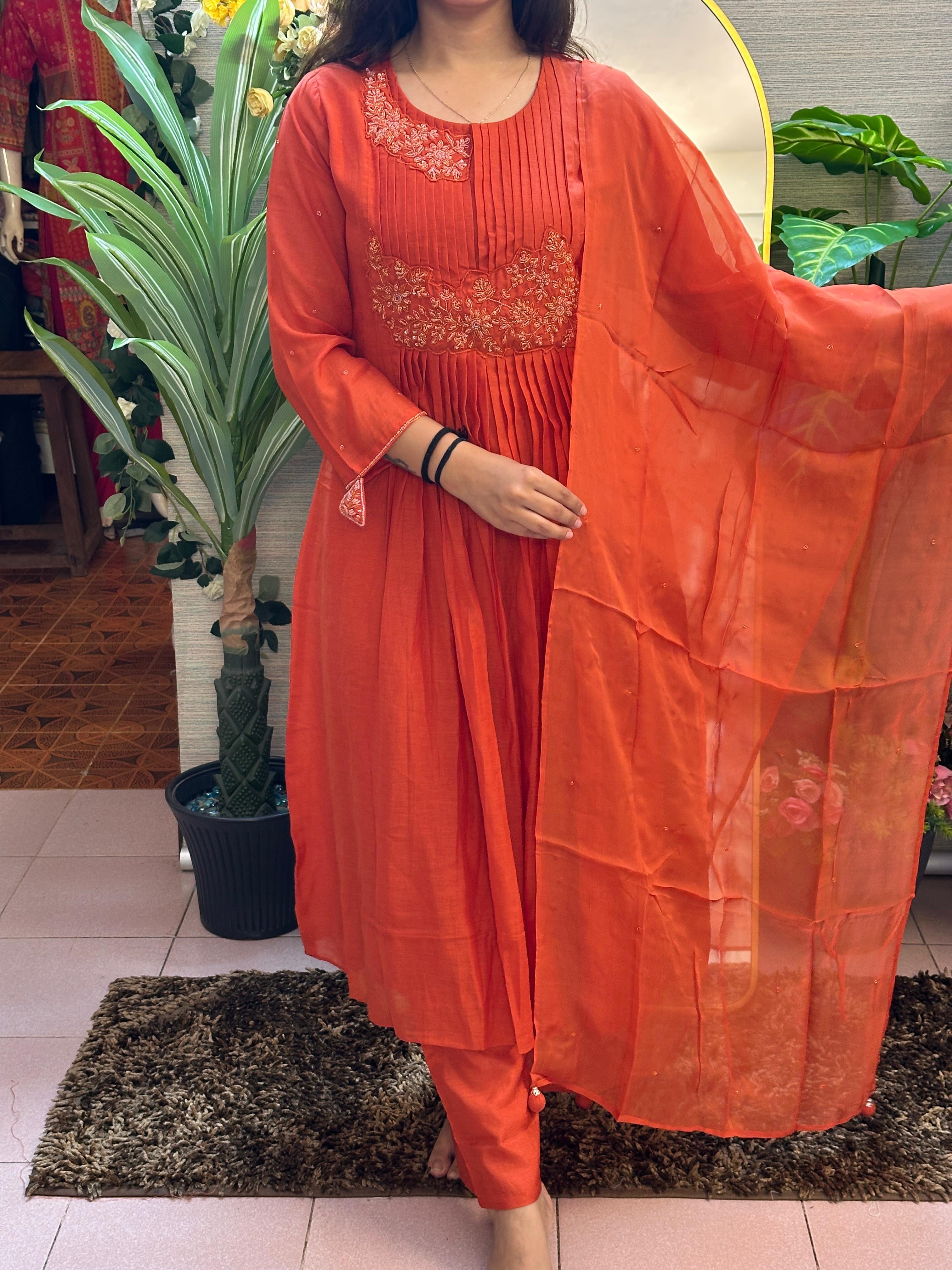 Rust Orange Embroidered Anarkali Kurti Set with Dupatta