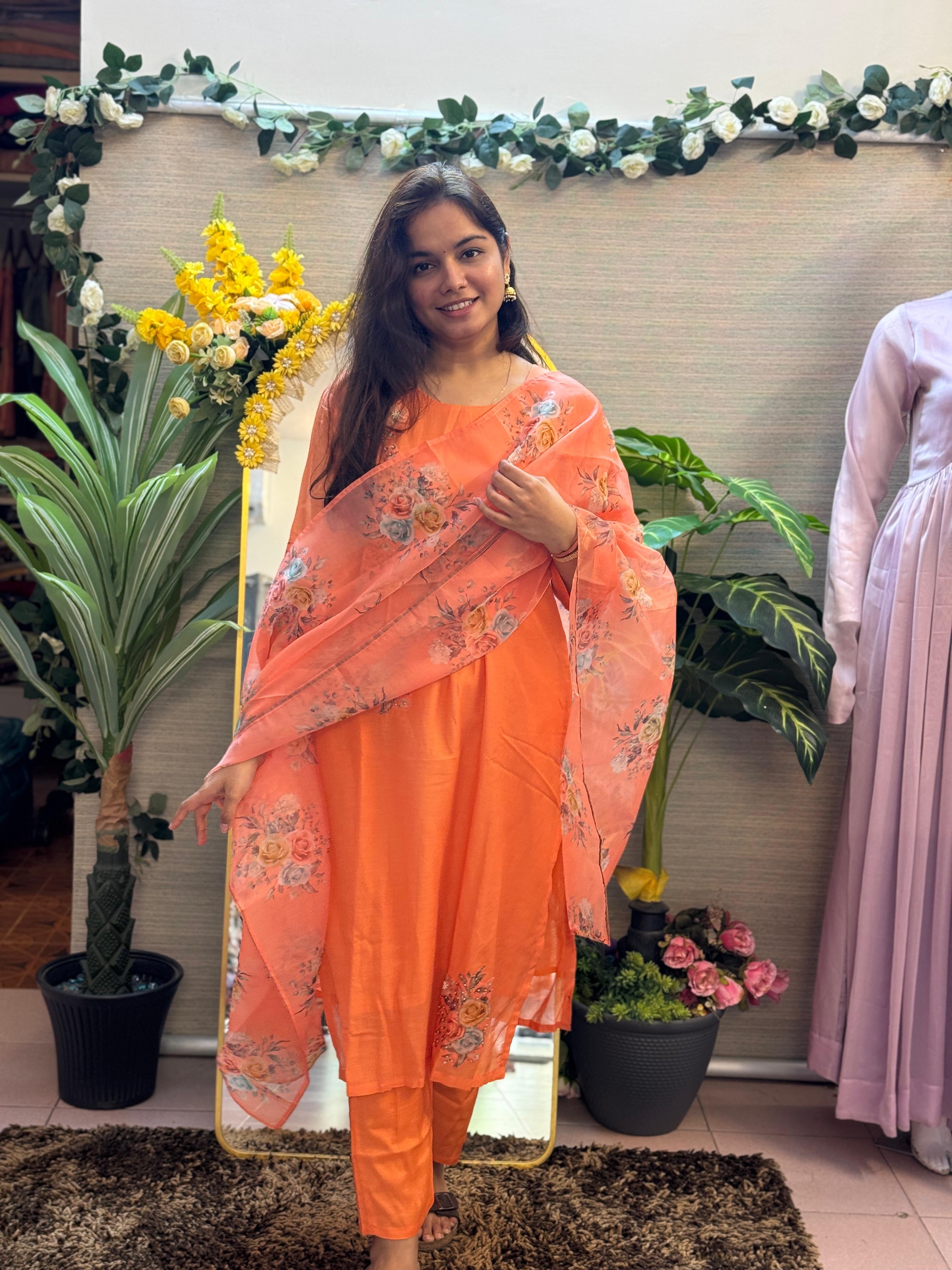 Peach Blossom Floral Suit Set with Printed Organza Dupatta