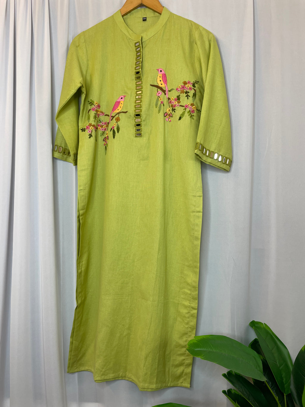 Lime Birdsong Mirror Embroidered Kurta