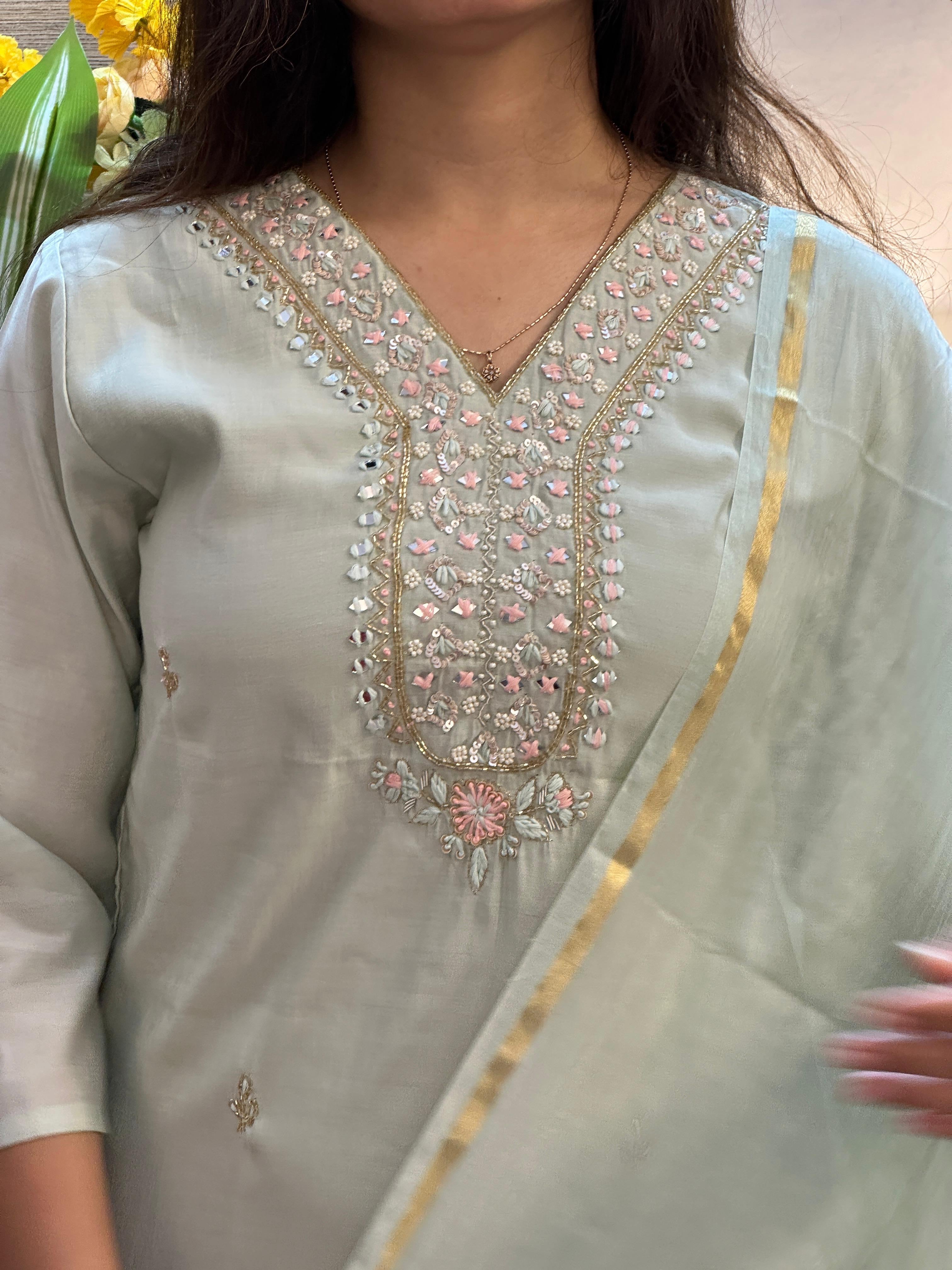 Mint Green Embroidered Straight Kurti Set with Dupatta