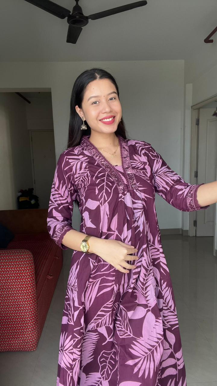 Elegant leaf print A-line Kurti