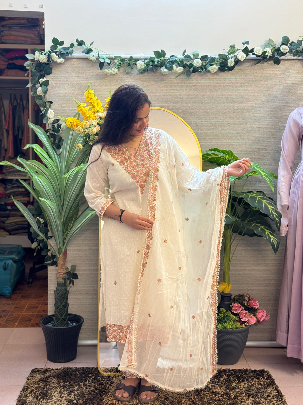Ivory Blossom Embroidered Suit Set with Organza Dupatta