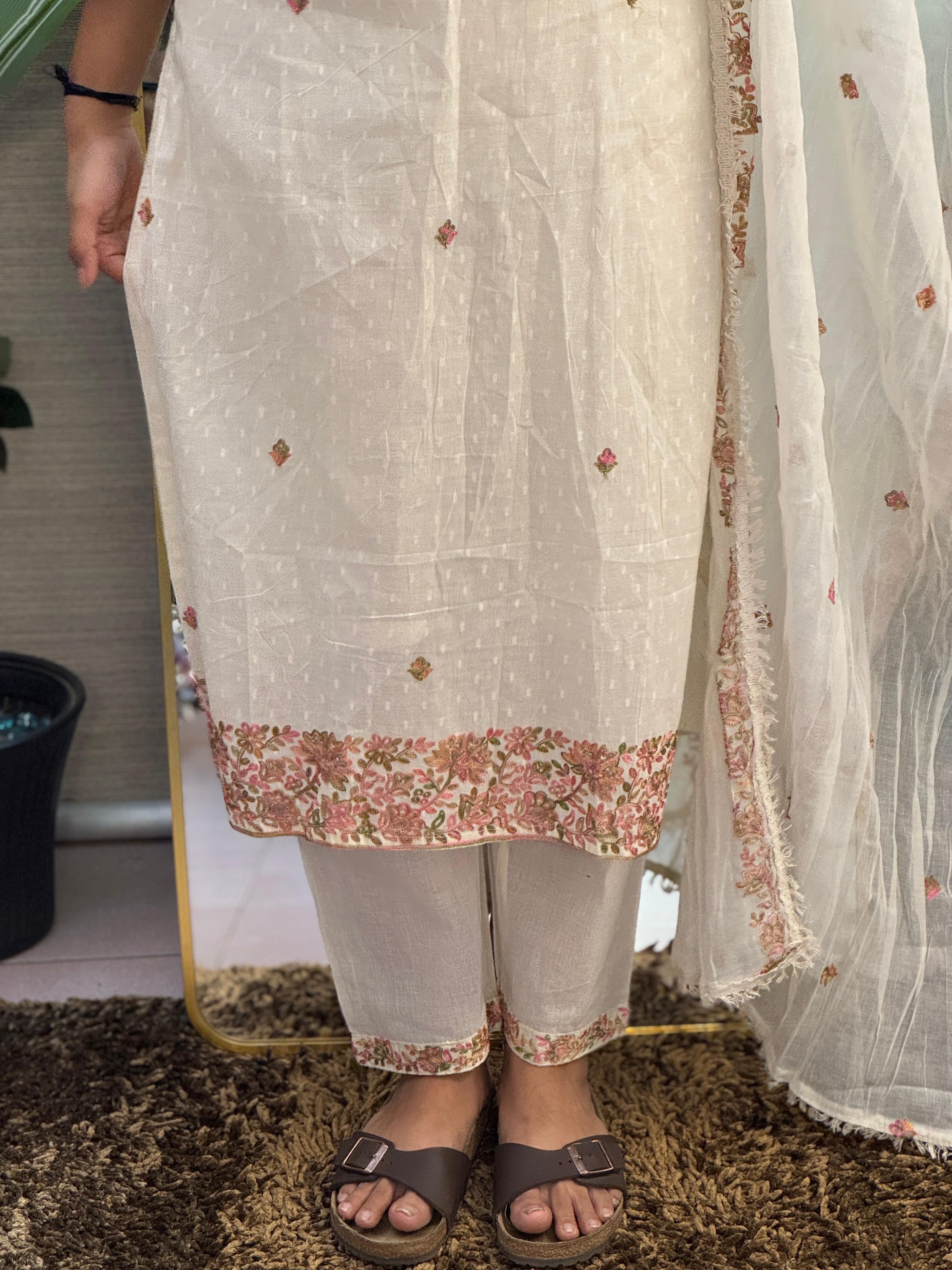Ivory Blossom Embroidered Suit Set with Organza Dupatta