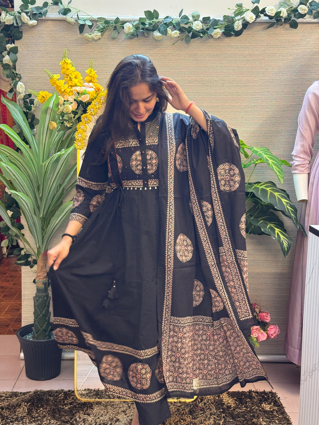 Black Anarkali Kurti Set with Ethnic Circular Prints & Statement Dupatt
