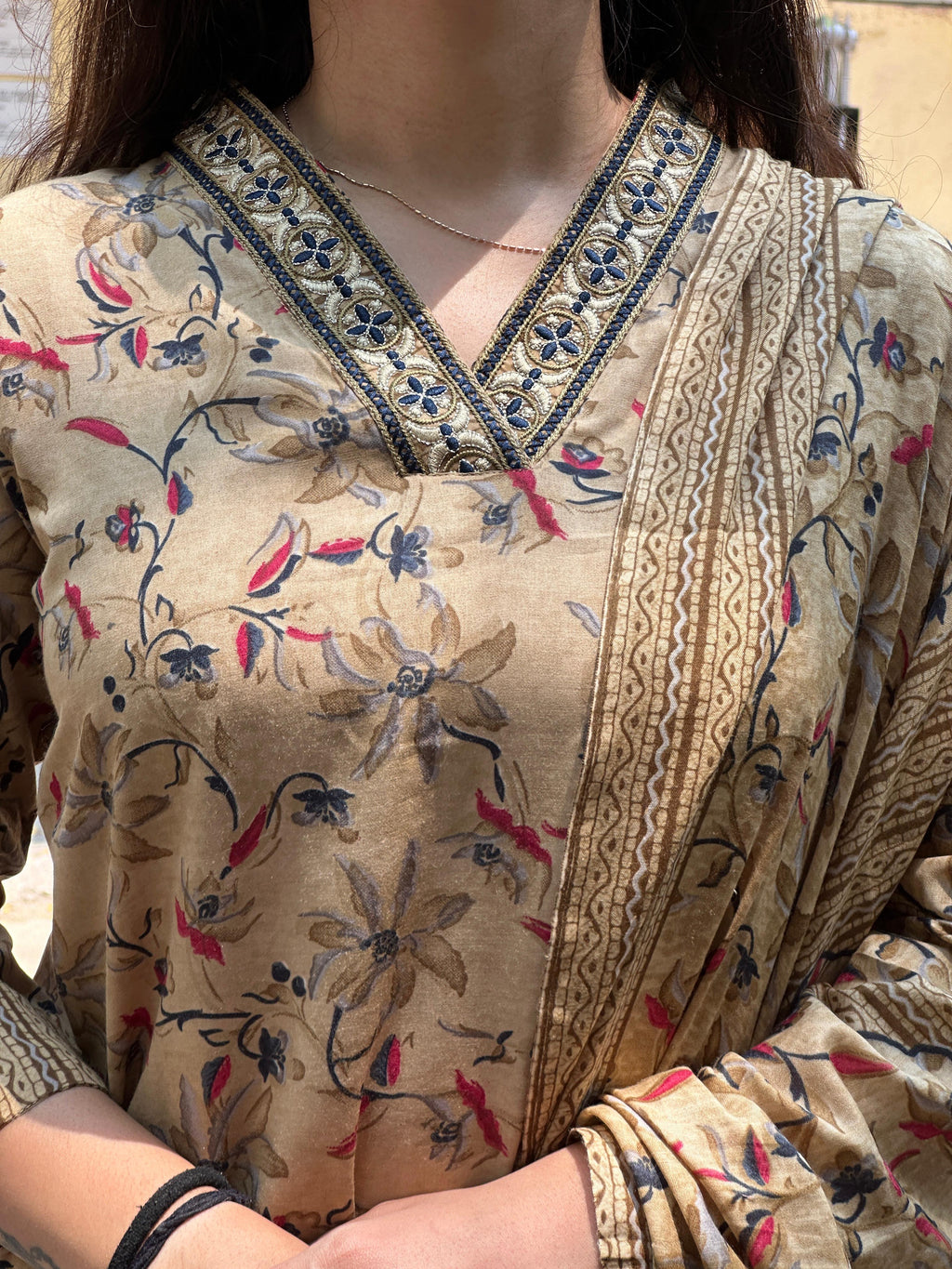 Mustard Beige Floral Printed Straight Kurti Set with Dupatta
