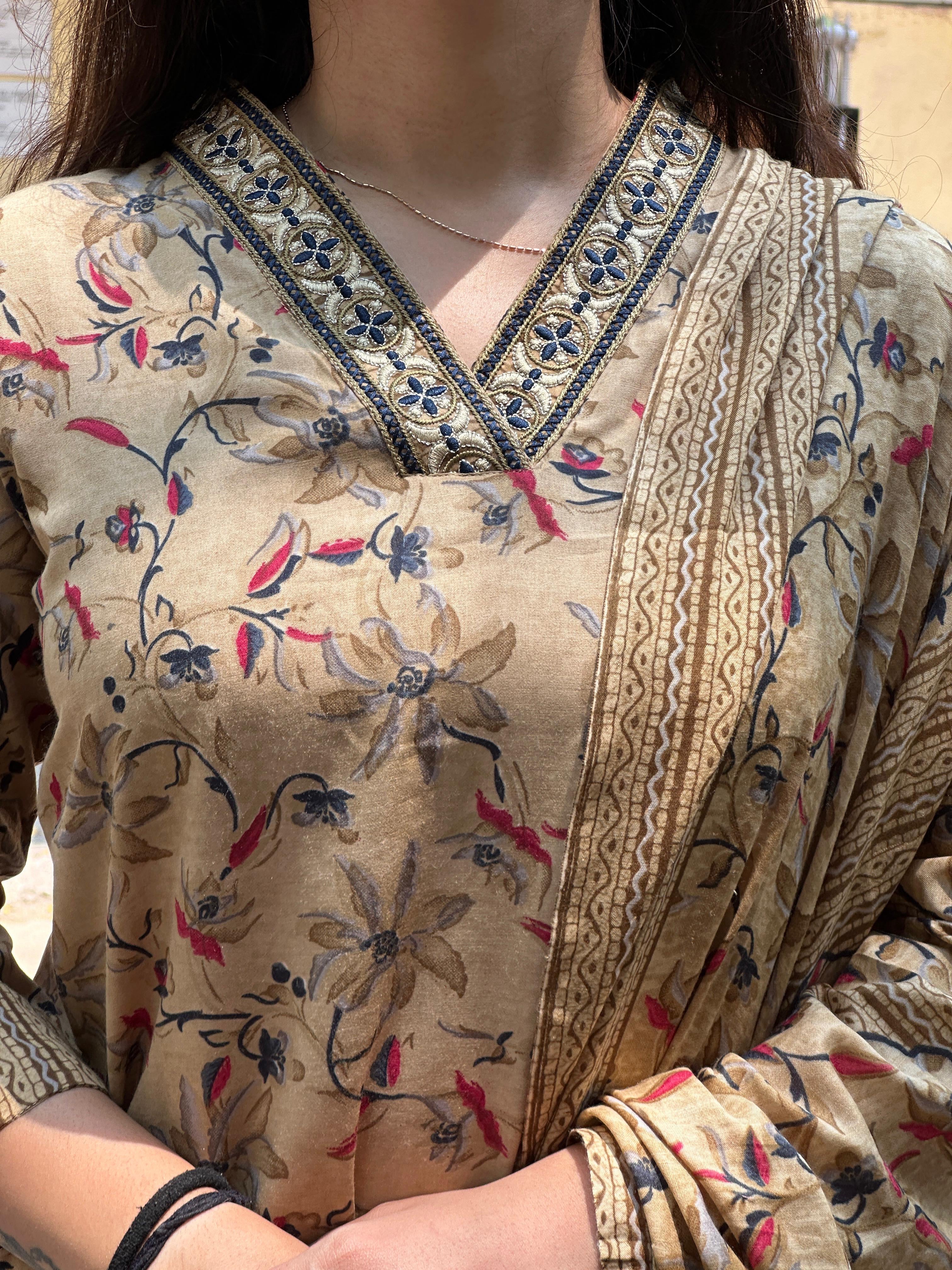 Mustard Beige Floral Printed Straight Kurti Set with Dupatta
