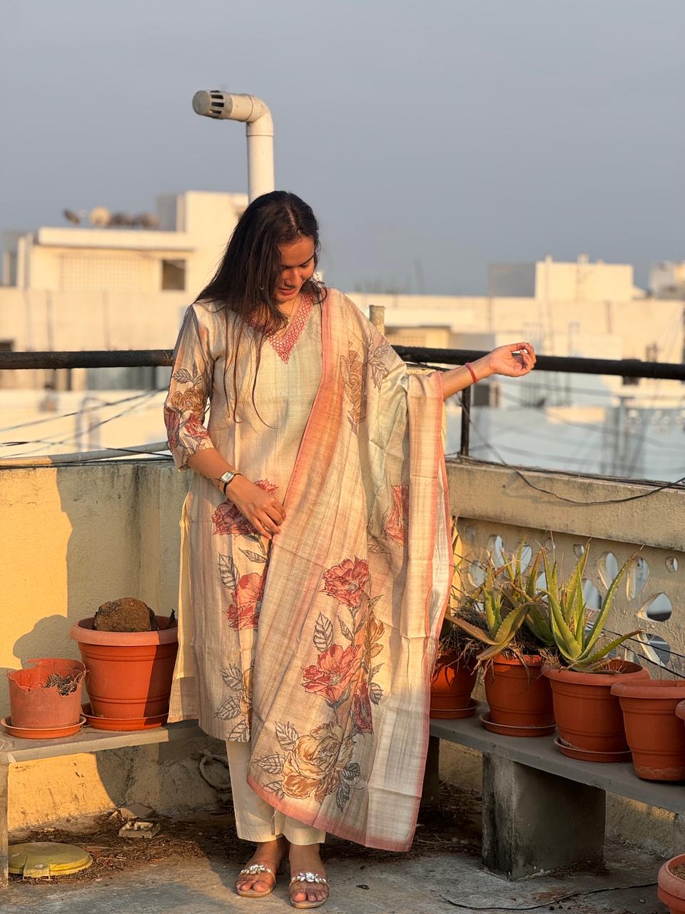 Blush Bloom Floral Straight Suit Set with Dupatta