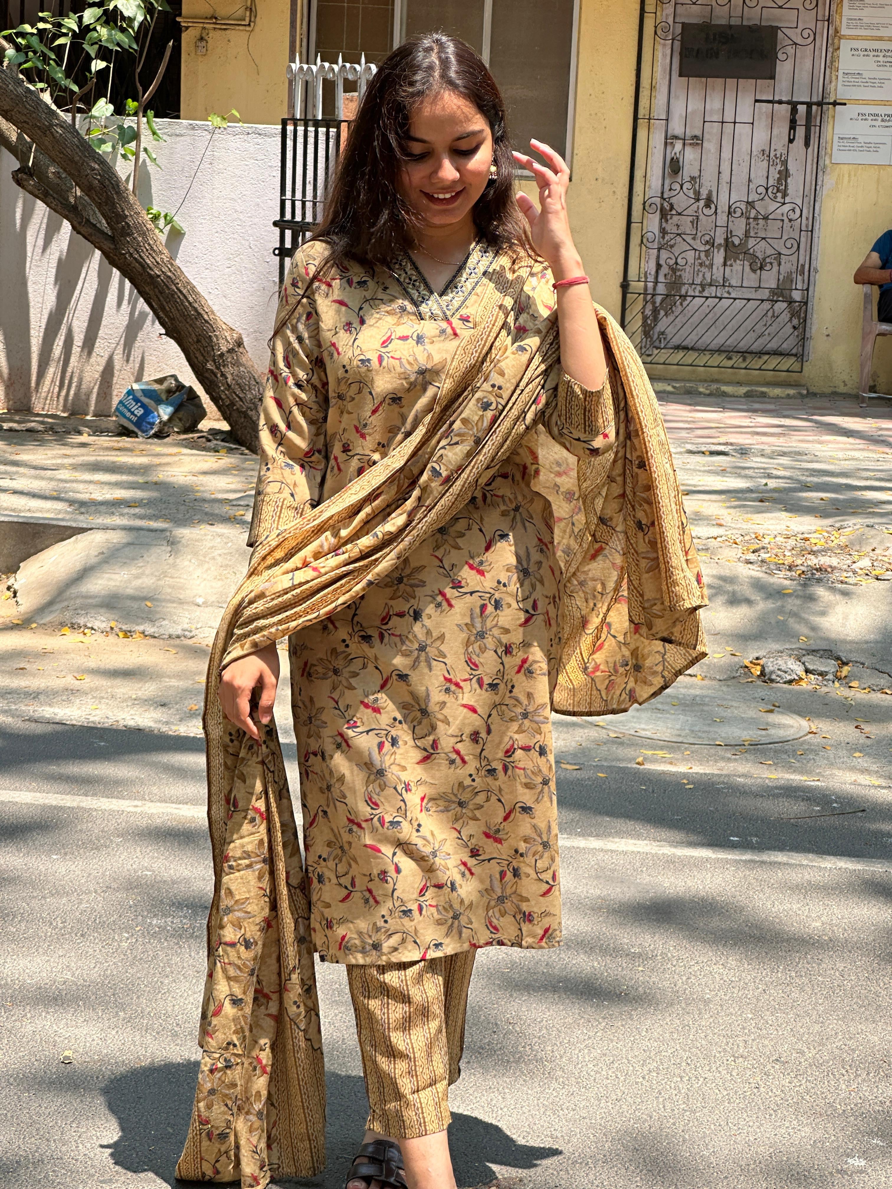 Mustard Beige Floral Printed Straight Kurti Set with Dupatta
