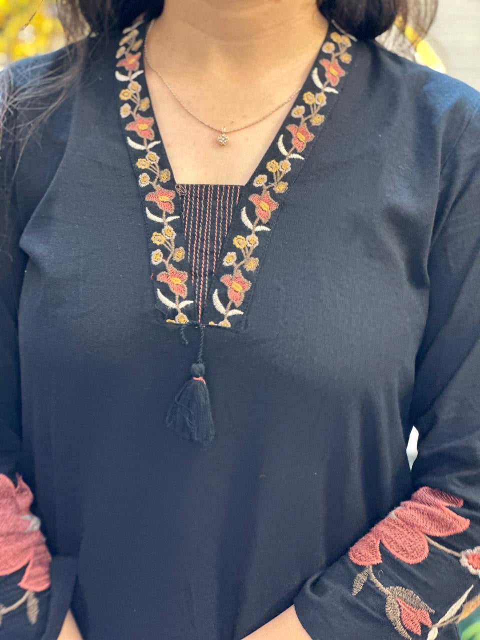 Black Floral Embroidered Kurti Pant Set