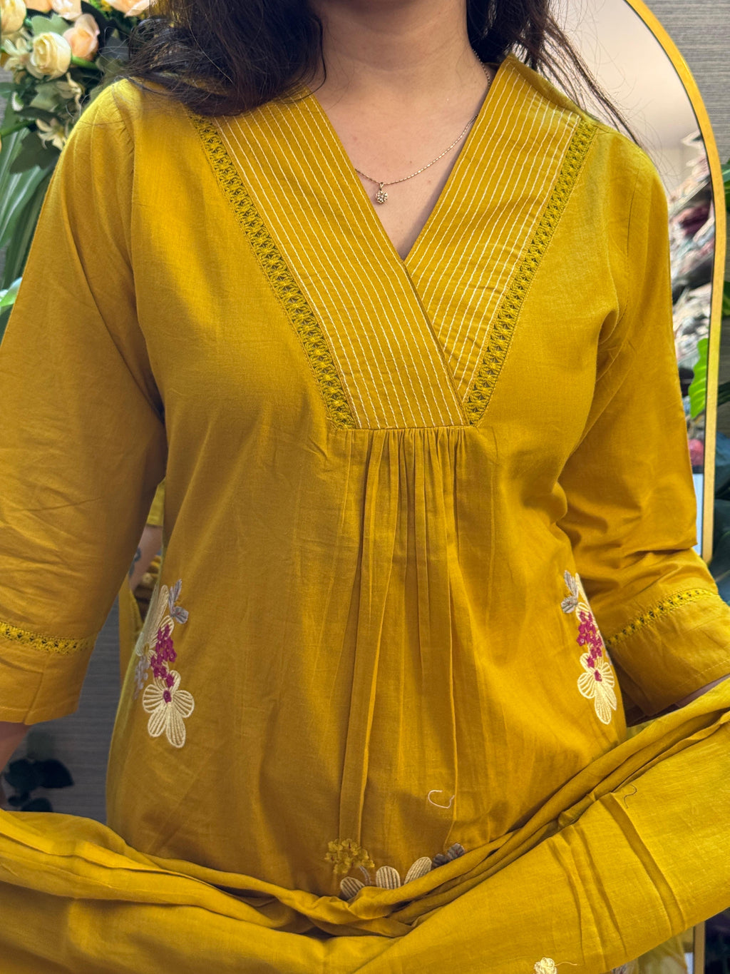 Mustard Yellow Floral Embroidered Kurti Set with Dupatta