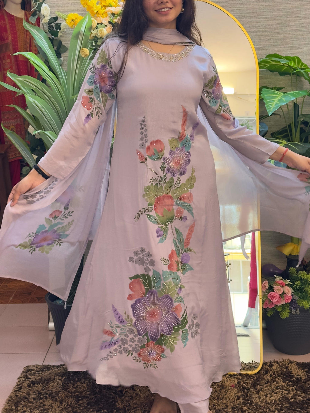 Lilac Floral Printed Kurti Set with Dupatta