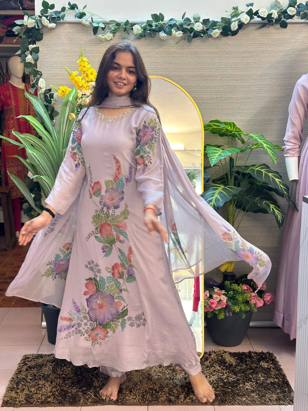Lilac Floral Printed Kurti Set with Dupatta