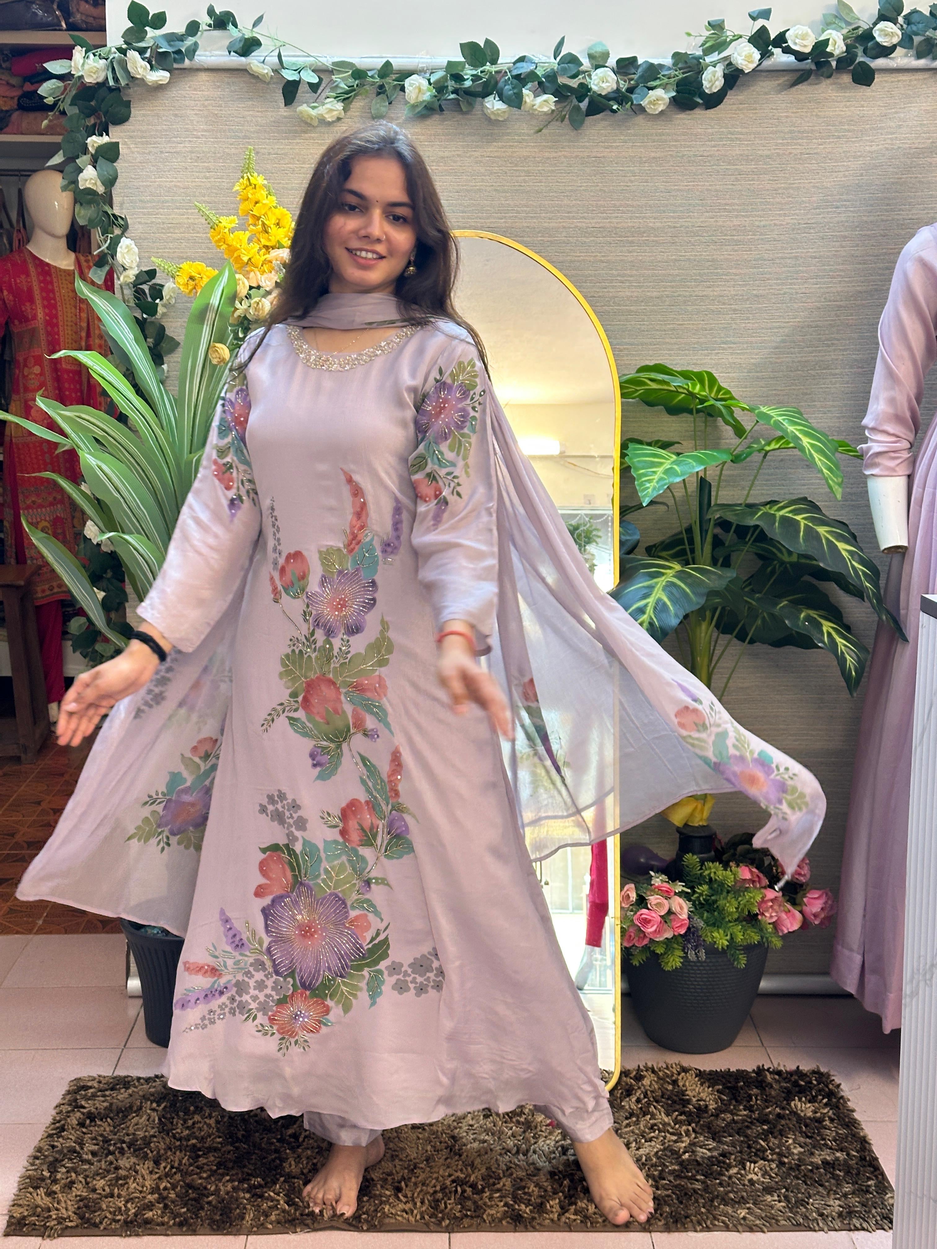 Lilac Floral Printed Kurti Set with Dupatta