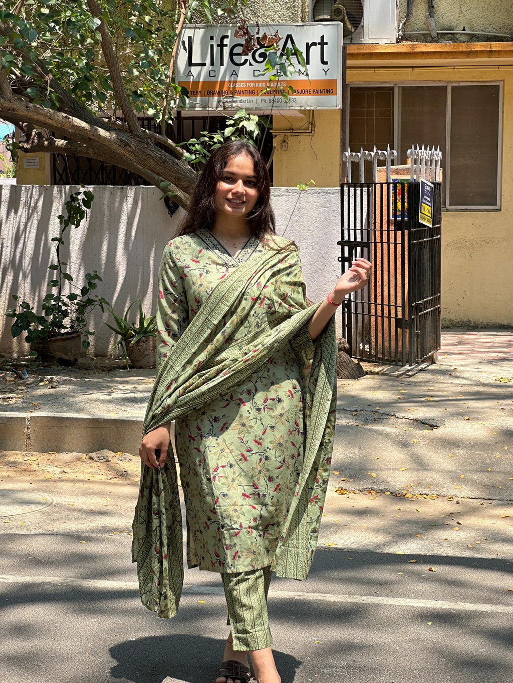 Olive Green Floral Printed Straight Kurti Set with Dupatta
