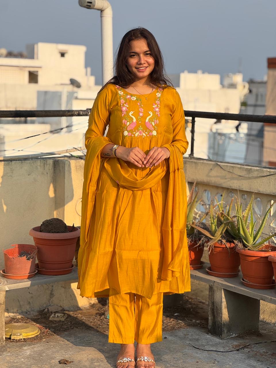 Mustard Bloom Embroidered Anarkali Set with Dupatta