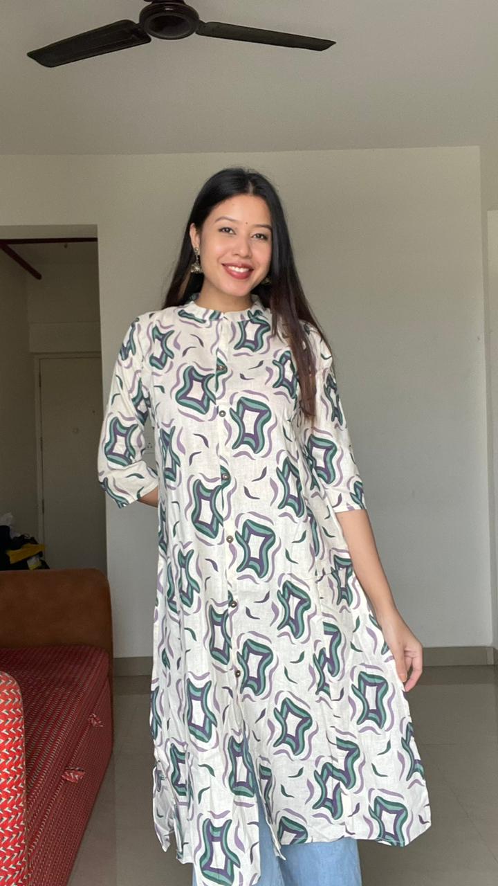 Ivory abstract printed A-line kurti