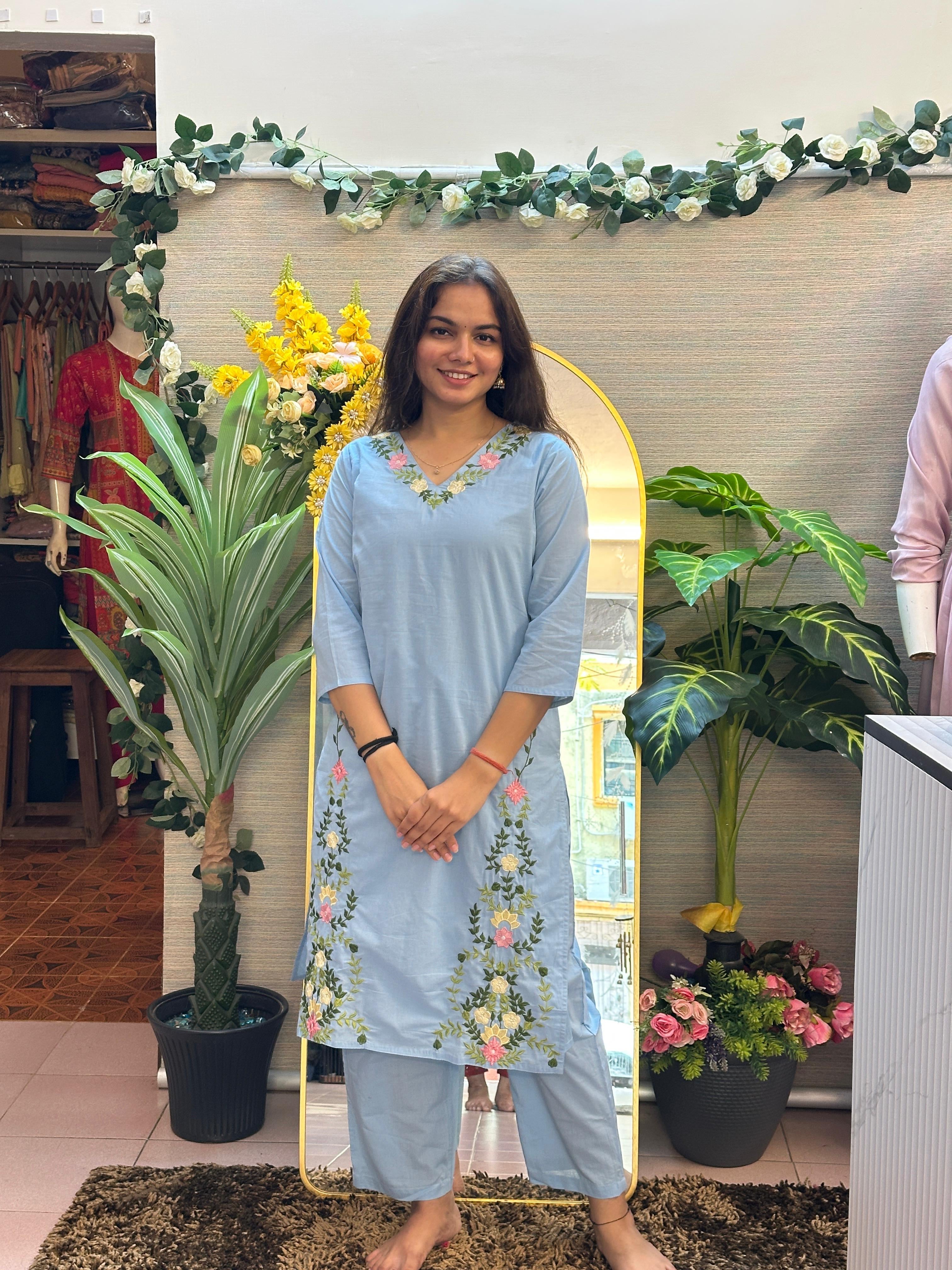 Powder Blue Floral Embroidered Kurti Set